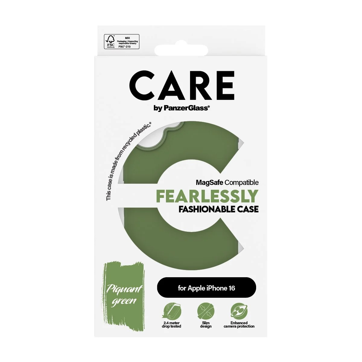 'CARE' ve 'Piquant green' etiketli yeşil telefon kılıfı kutusu. Düşme testi, ince tasarım ve kamera koruması içerir.