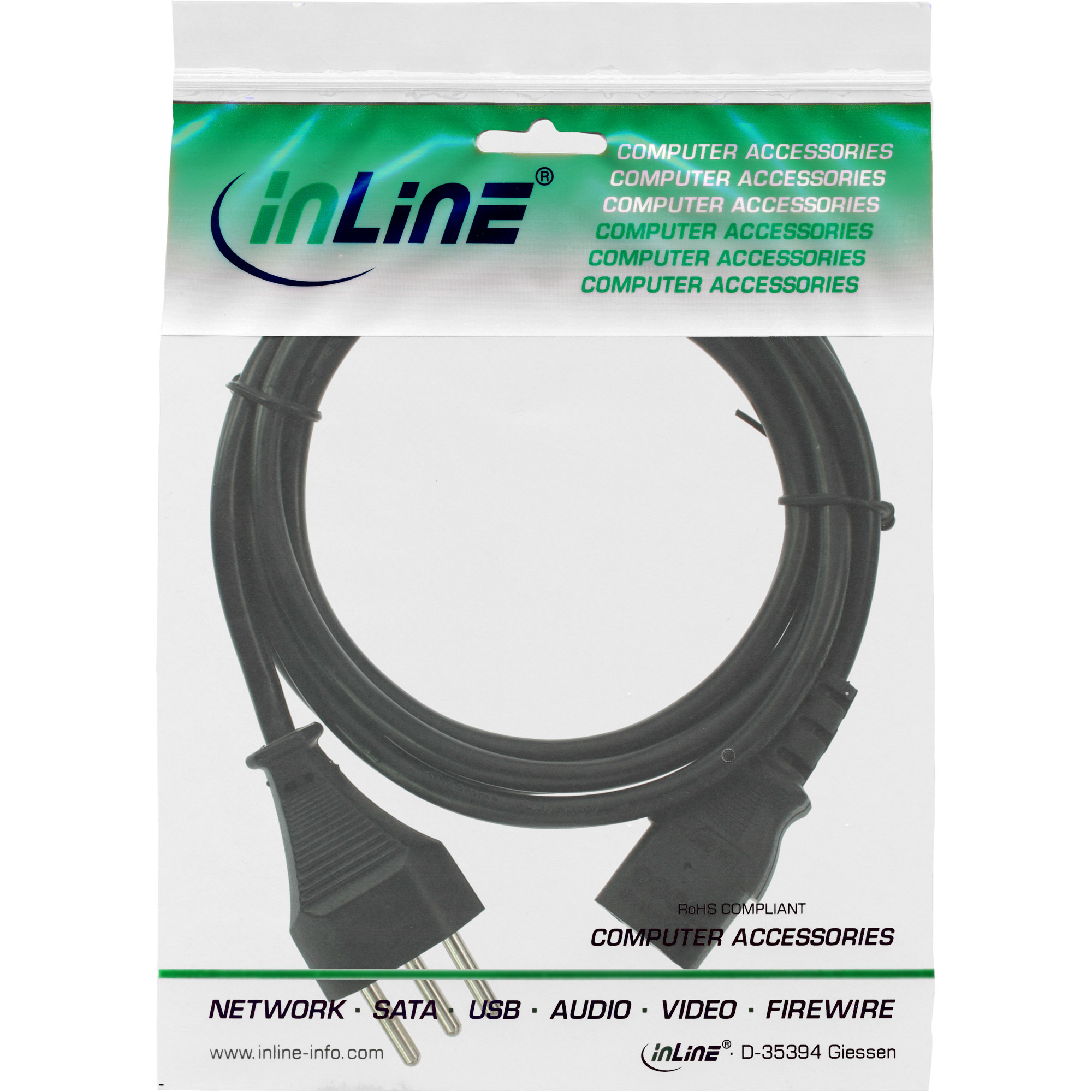 Schwarzes Kabel in Plastikverpackung; 'inLine' und 'COMPUTER ZUBEHÖR' gedruckt.