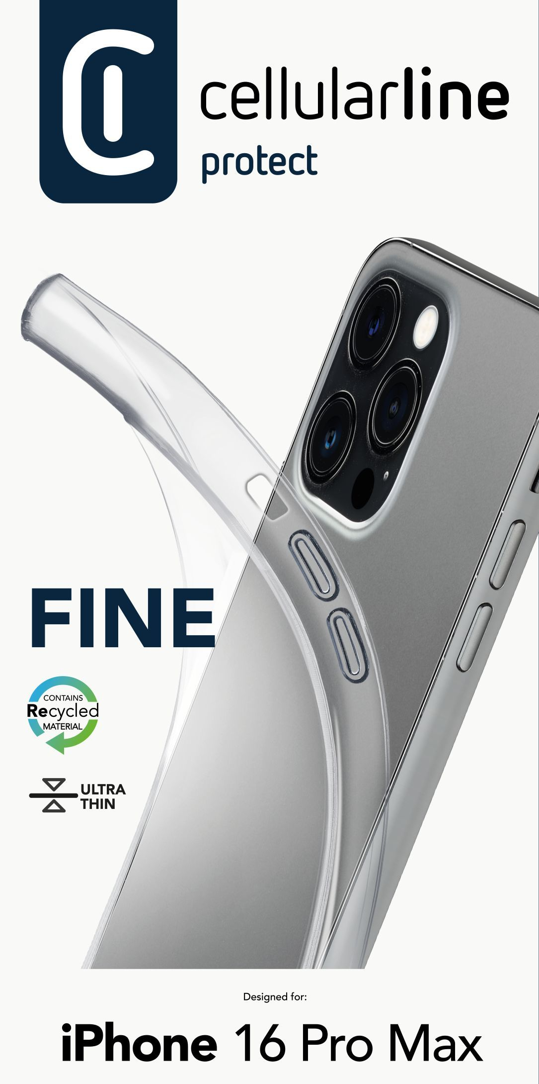 iPhone 16 Pro Max con funda transparente, mostrando el diseño del teléfono. La funda dice 'FINE' y 'Material reciclado'.