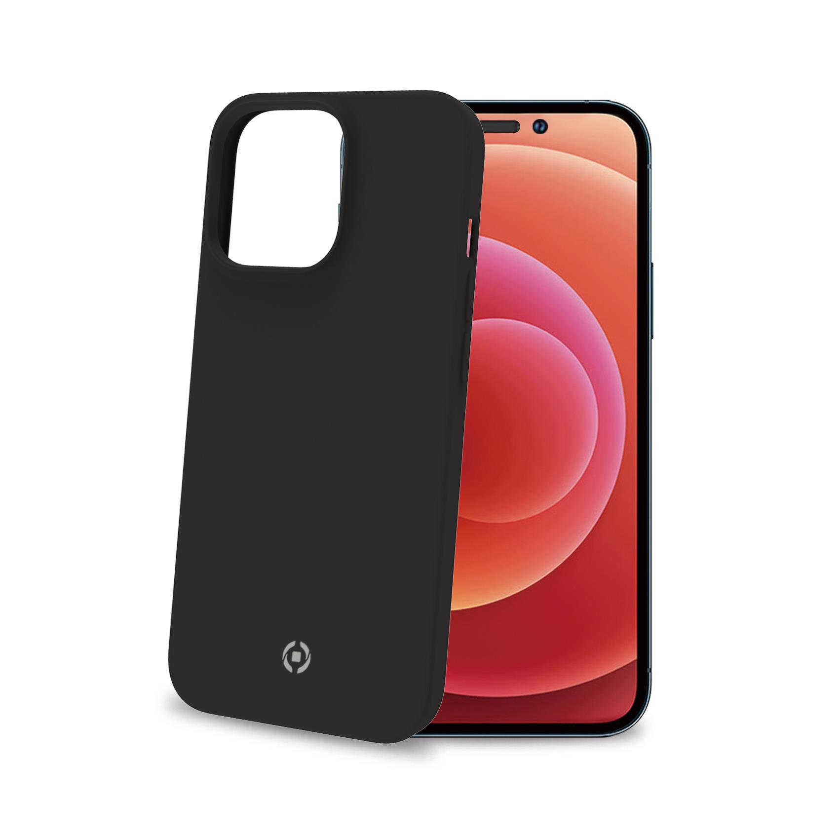 Custodia per telefono nera, con un telefono nero all'interno. Il telefono mostra uno schermo rosso e arancione.