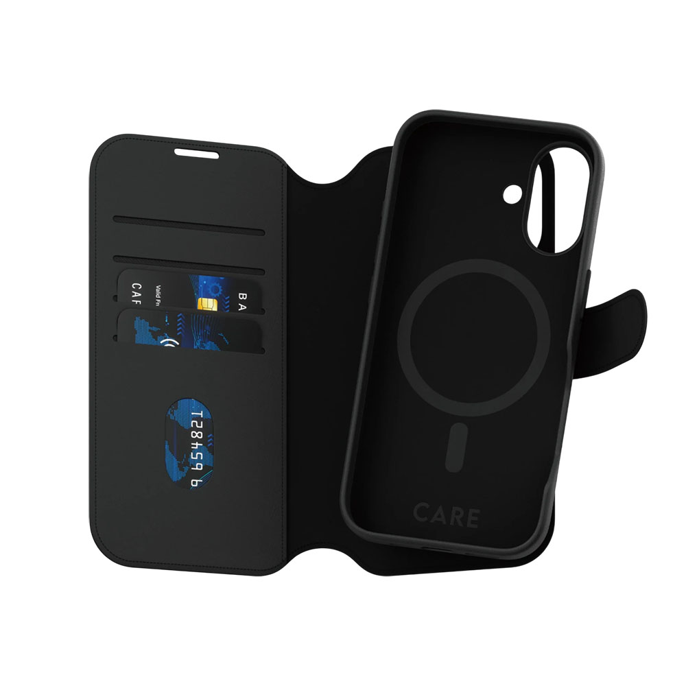 Custodia per telefono nera con design a portafoglio. Ha scomparti per carte e un ritaglio per telefono con cerchio.
