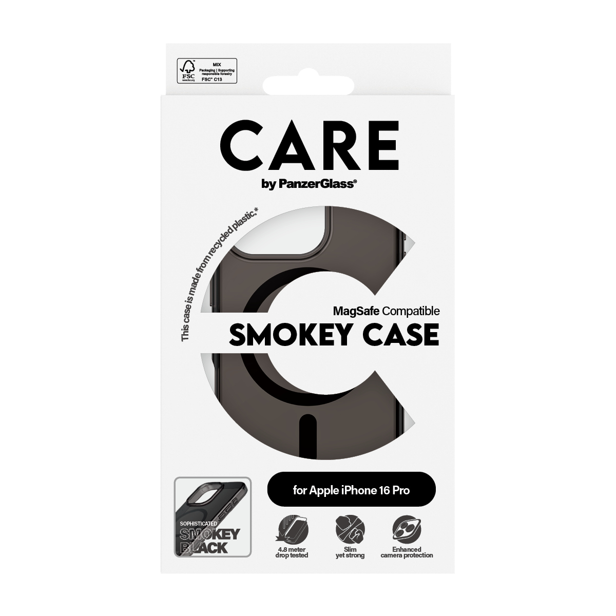 Scatola con una custodia nera per telefono all'interno. La custodia è per un iPhone 16 Pro. La scatola dice 'SMOKEY CASE'.
