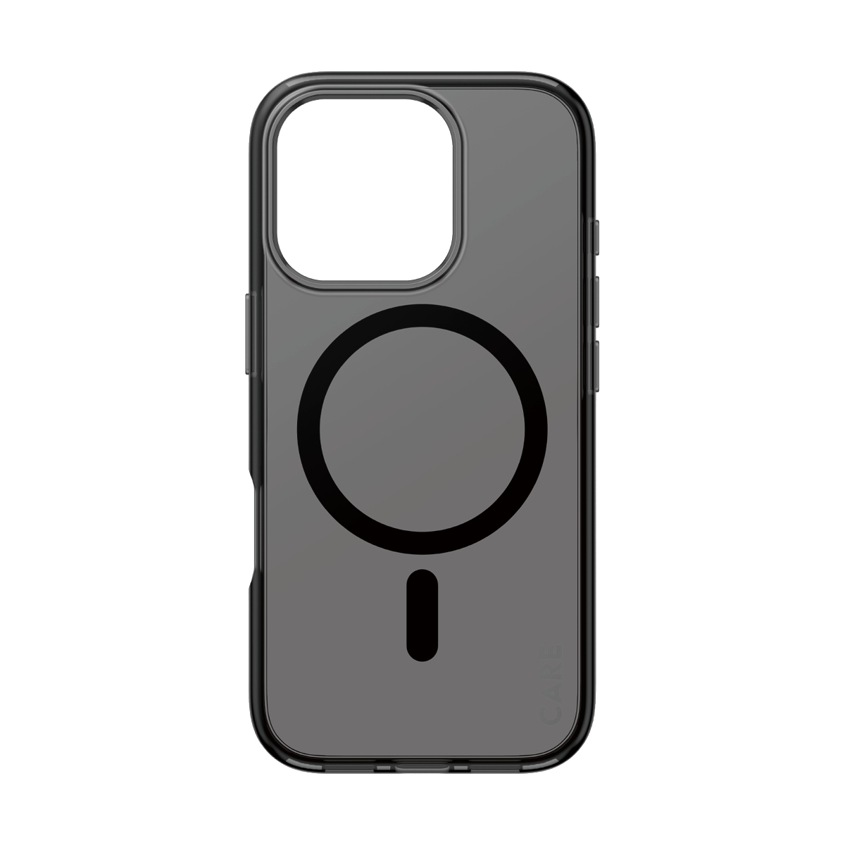 Custodia nera con anello MagSafe. Retro trasparente. Sfondo bianco. Per iPhone.