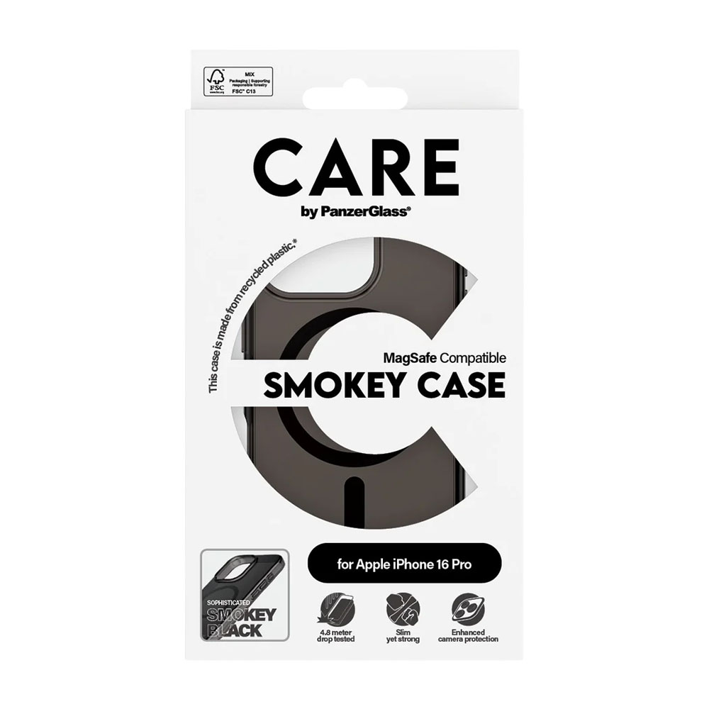 Scatola con logo 'CARE', grafica della custodia nera e testo 'Smokey Case'.