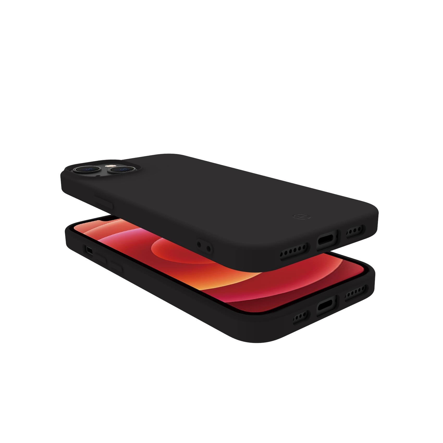 Schwarze Handyhüllen, eine über der anderen. Das Telefon hat einen rot-orangen Bildschirm.