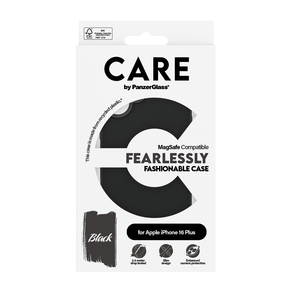 Scatola nera per custodia per telefono. Testo: CARE, Fearlessly Fashionable, per iPhone 16 Plus. Realizzata in plastica riciclata.