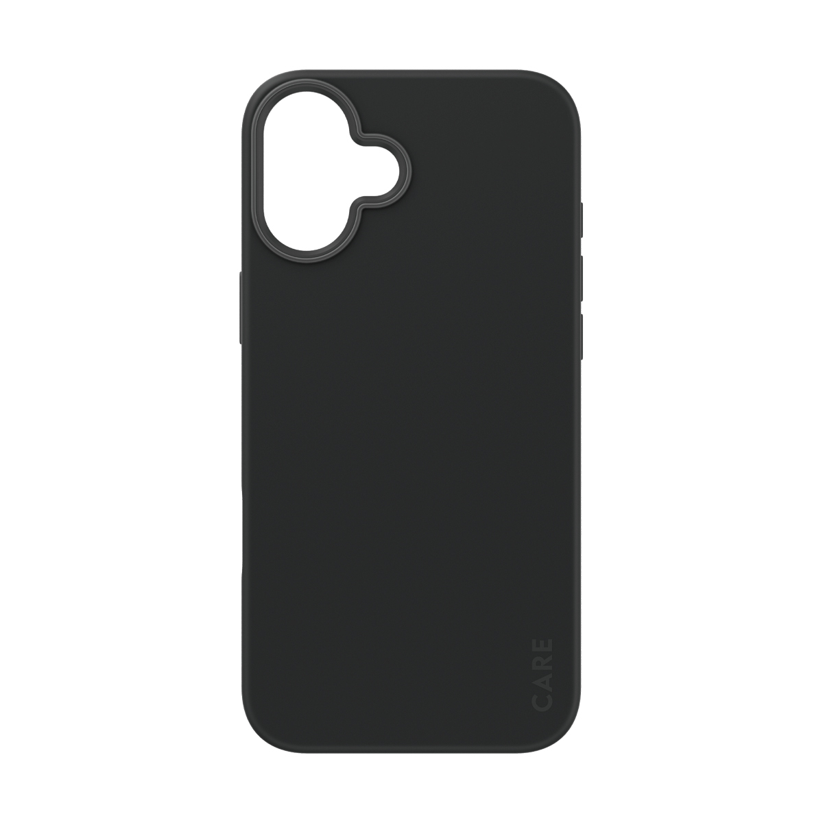 Custodia nera per telefono con ritaglio per fotocamera e logo CARE. Design semplice e moderno.