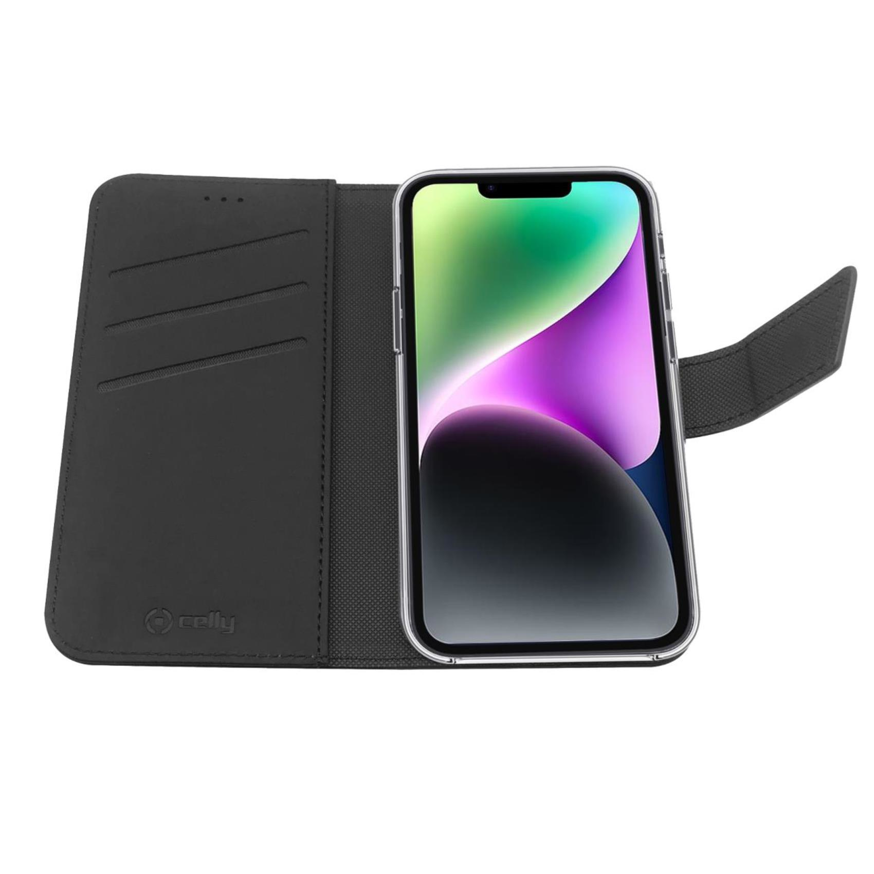 Schwarze Handyhülle offen, Telefon innen. Offene Brieftaschen-Hülle.
