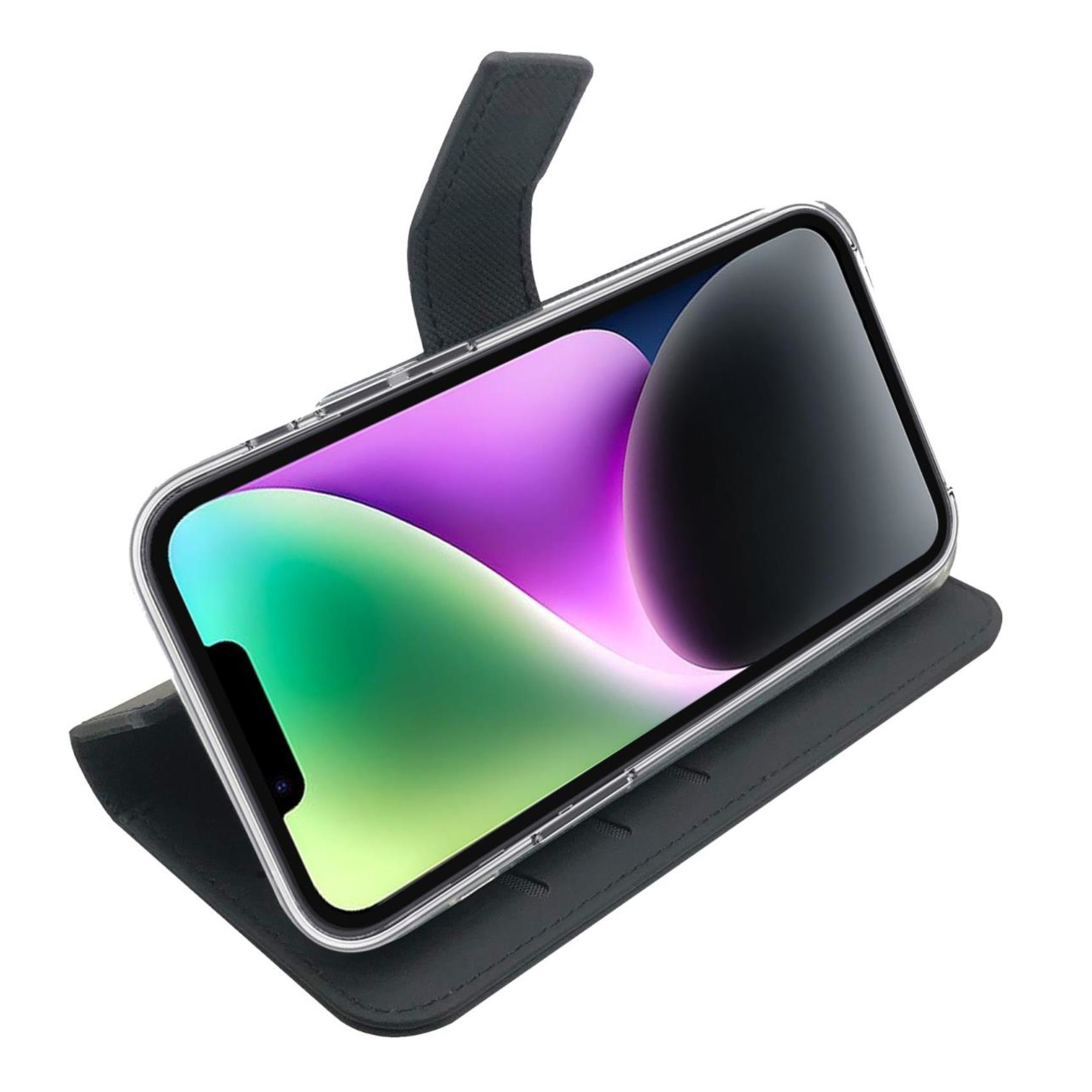 Offene schwarze Handyhülle mit Telefon. Telefon in transparenter Schutzhülle.
