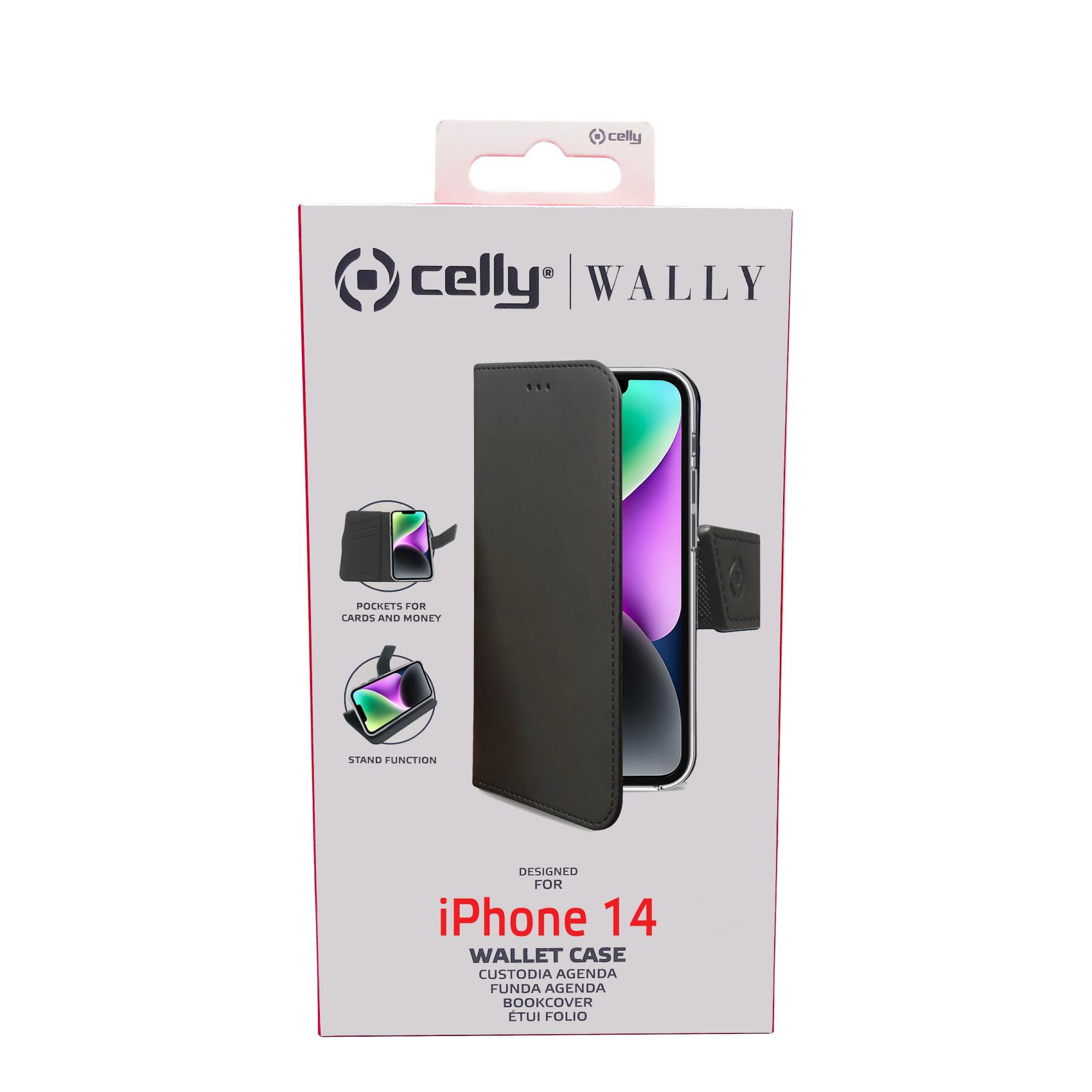 Celly Wally Handyhüllenbox. Für iPhone 14. Schwarzes Wallet Case im Display.