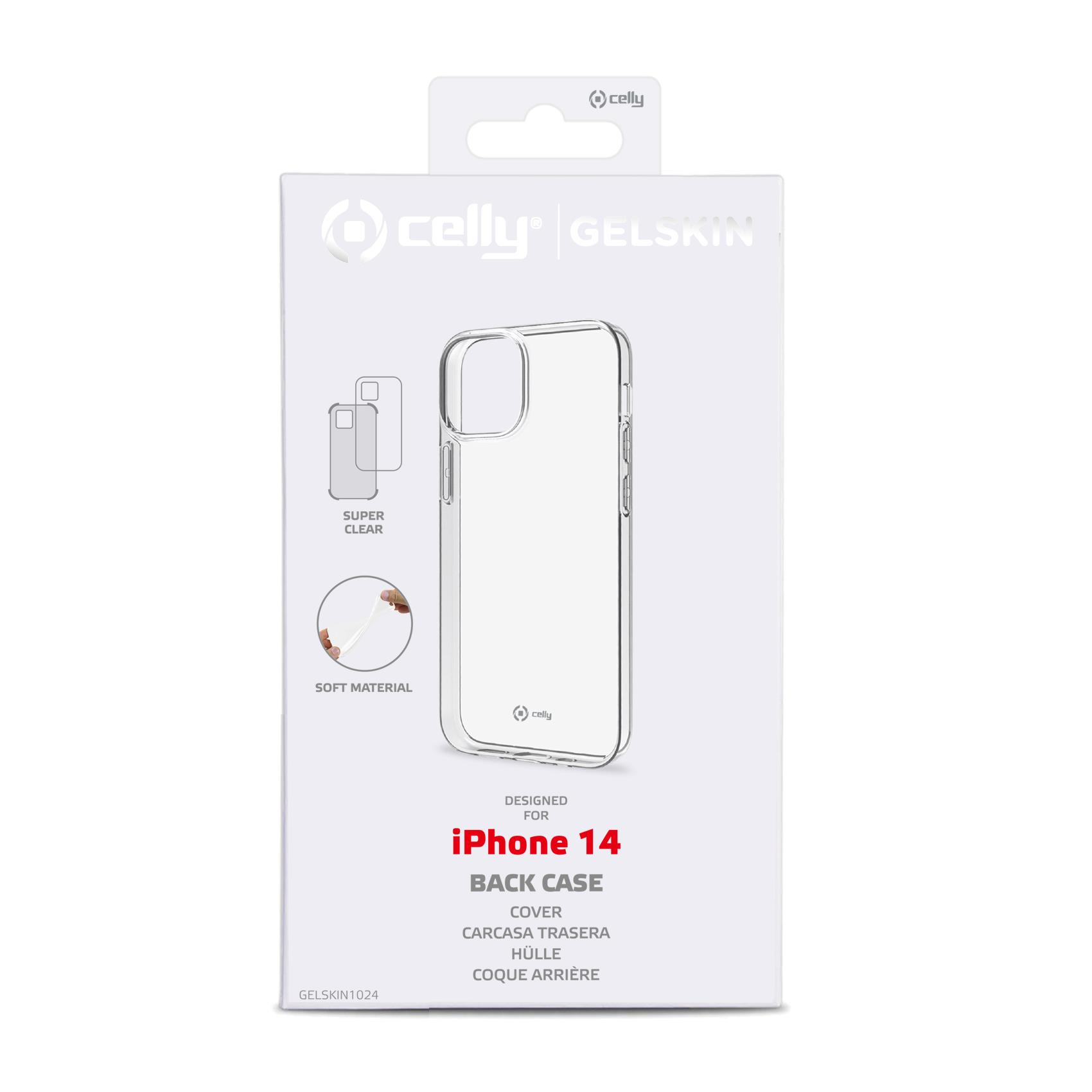 Transparente Handyhüllenbox mit einer transparenten Handyhülle. Die Hülle ist für das iPhone 14 gedacht.