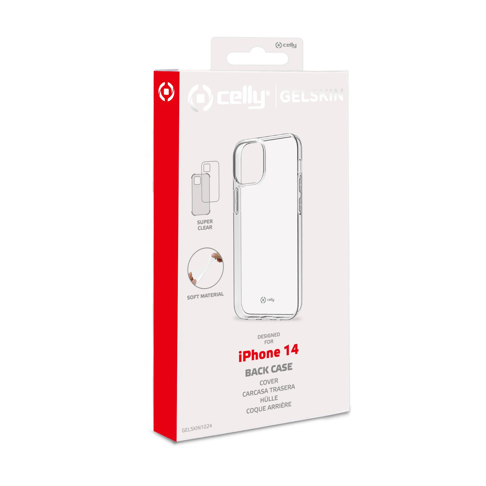 Weiße Verpackung einer transparenten iPhone 14 Rückseite, mit Produktname und Branding.
