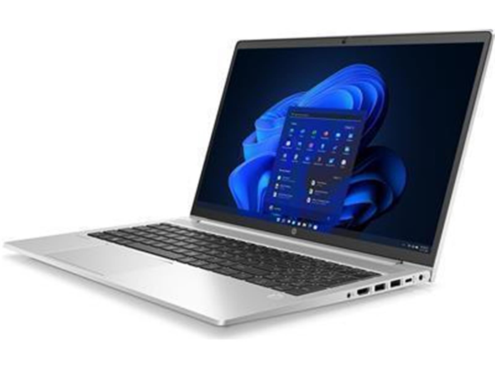 Silberner Laptop geöffnet. Das Display zeigt einen blau-weißen Bildschirm mit Dateien und einem Logo.