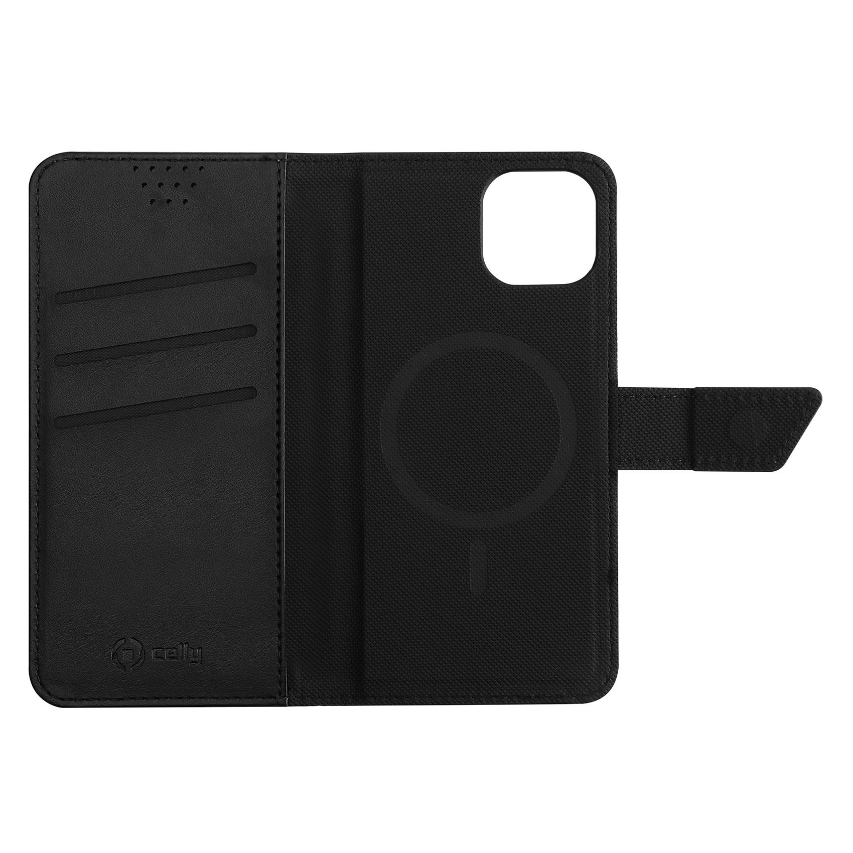 Custodia a portafoglio nera, aperta, che rivela il retro del telefono e fessure per carte.