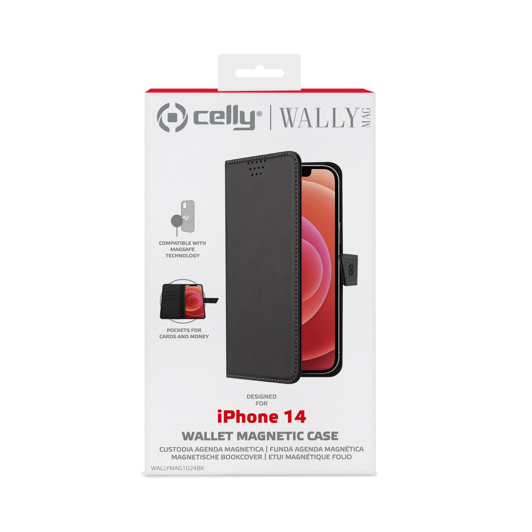 Custodia Celly Wally per iPhone 14. Custodia nera con telefono. Imballaggio.