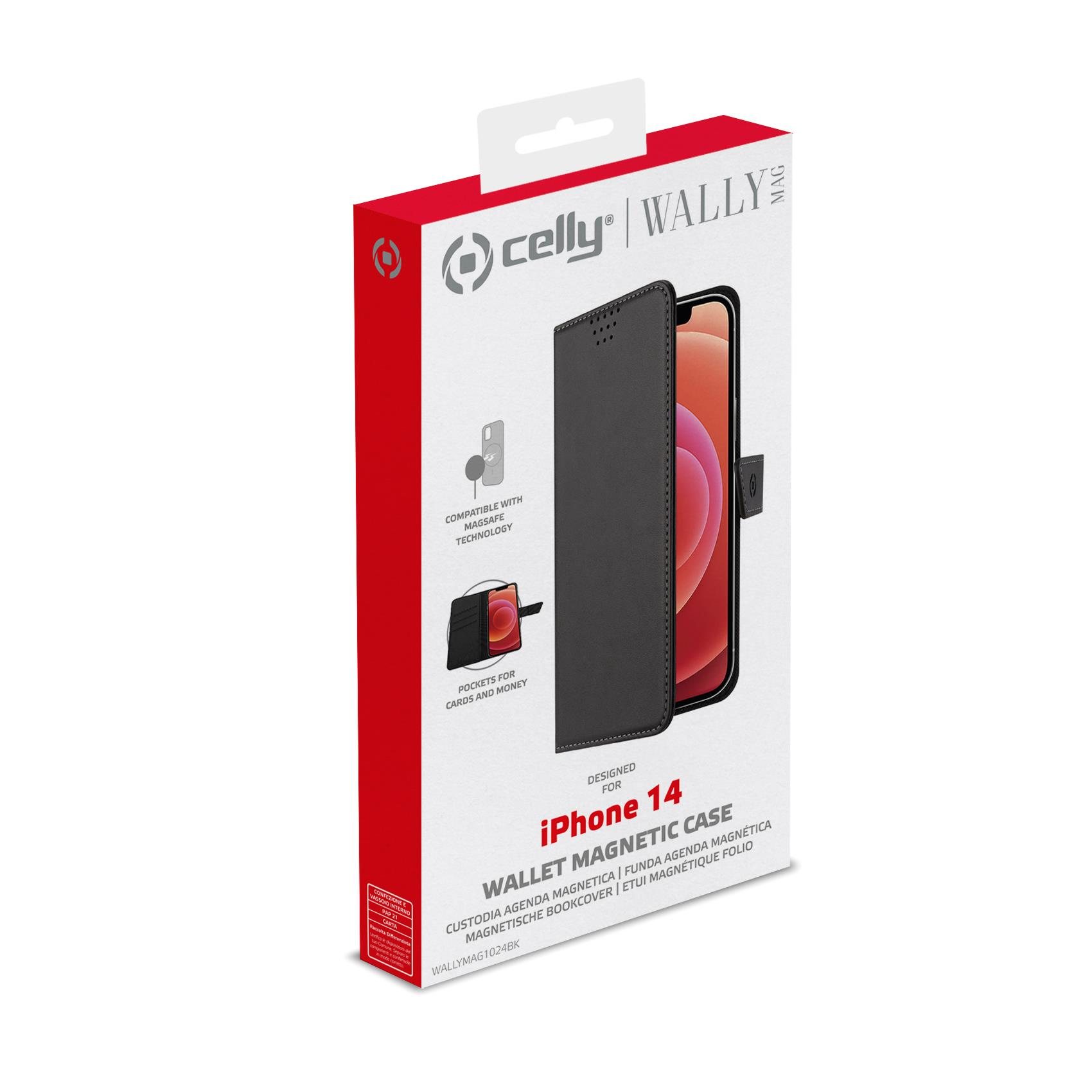 Scatola per custodia per telefono. Viene mostrata una custodia a portafoglio per iPhone 14, con funzione magnetica.