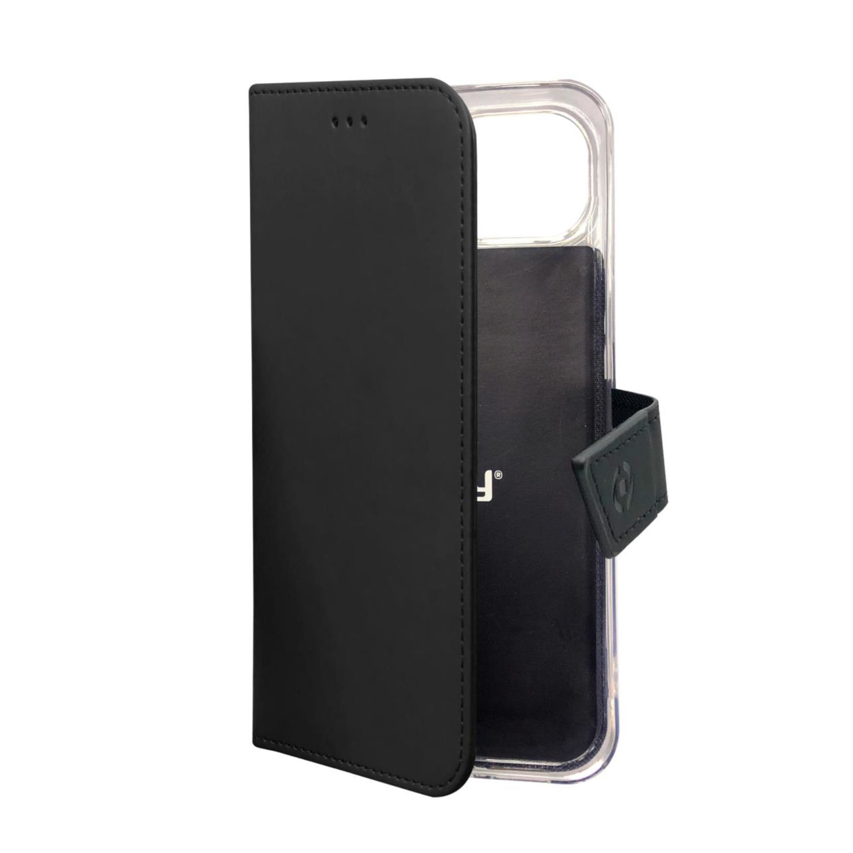 Schwarze Handy-Brieftasche offen, mit klarer Rückseite für das Telefon und Magnetverschluss.