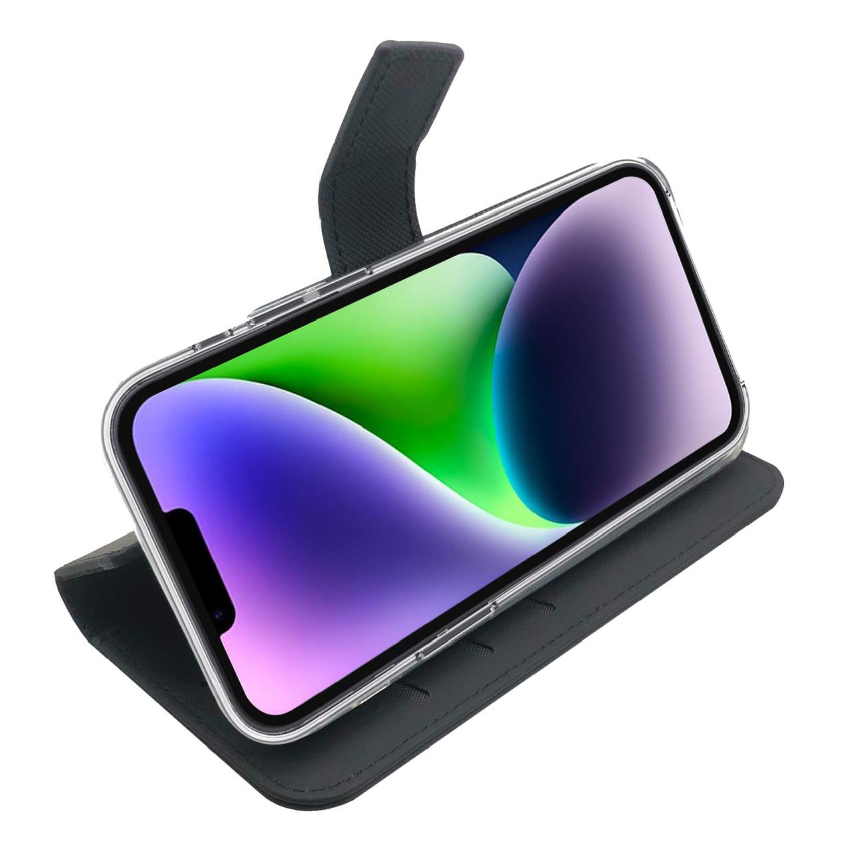 iPhone in einer schwarzen Handyhülle, abgewinkelt, mit geöffneter Hülle. Weißer Hintergrund.