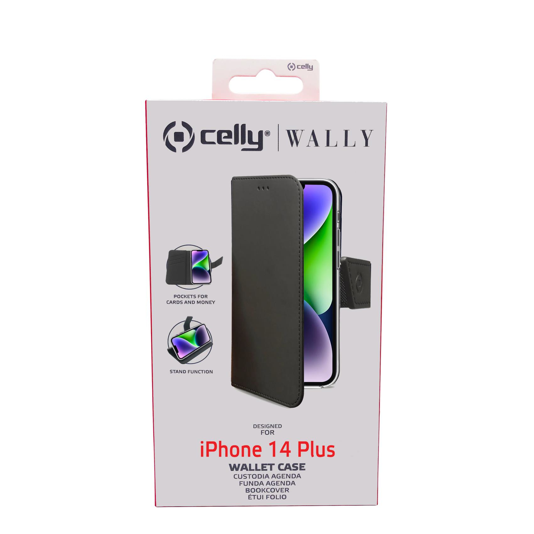 Celly Wally Handyhülle für iPhone 14 Plus. Schwarze Hülle mit Telefon. Verpackung.