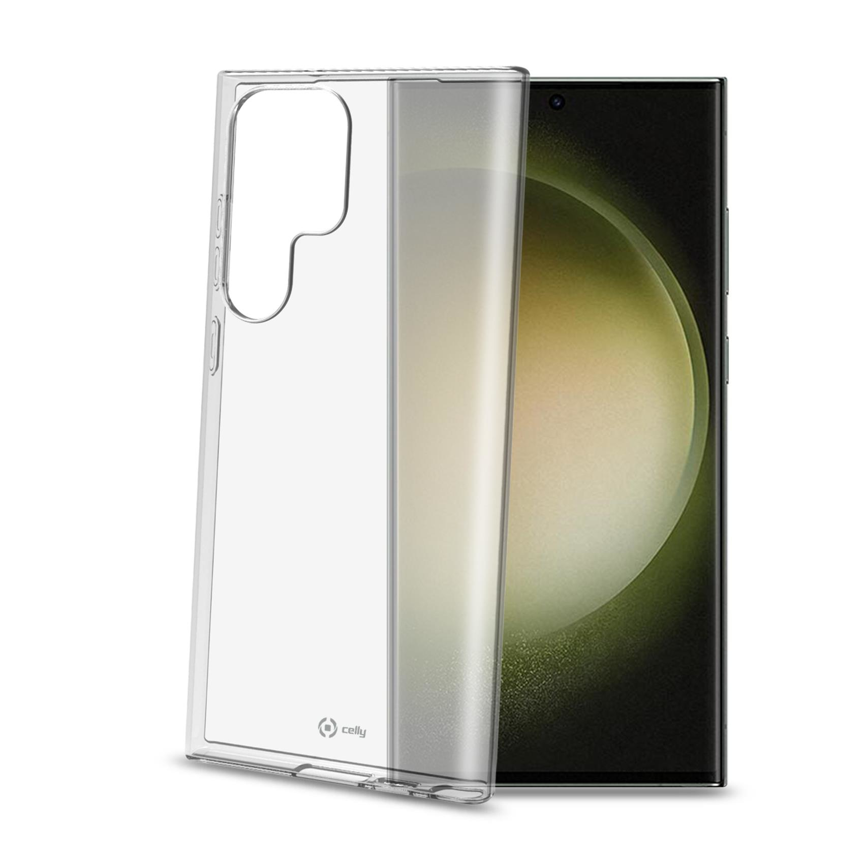 Transparente Handyhülle neben einem Telefon mit dunklem Bildschirm, das einen grün-schwarzen Hintergrund zeigt.