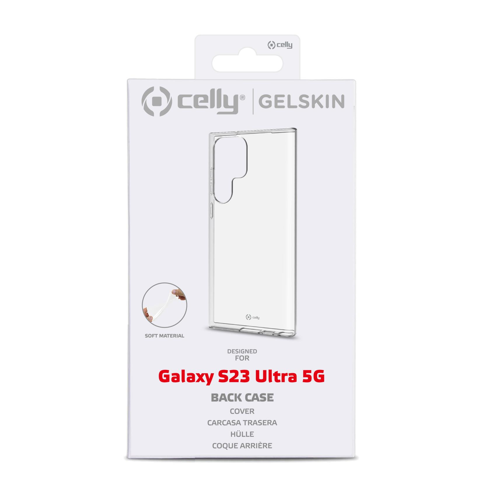 Weiß-roter Karton mit klarer Handyhülle. Auf der Schachtel steht "Galaxy S23 Ultra 5G".