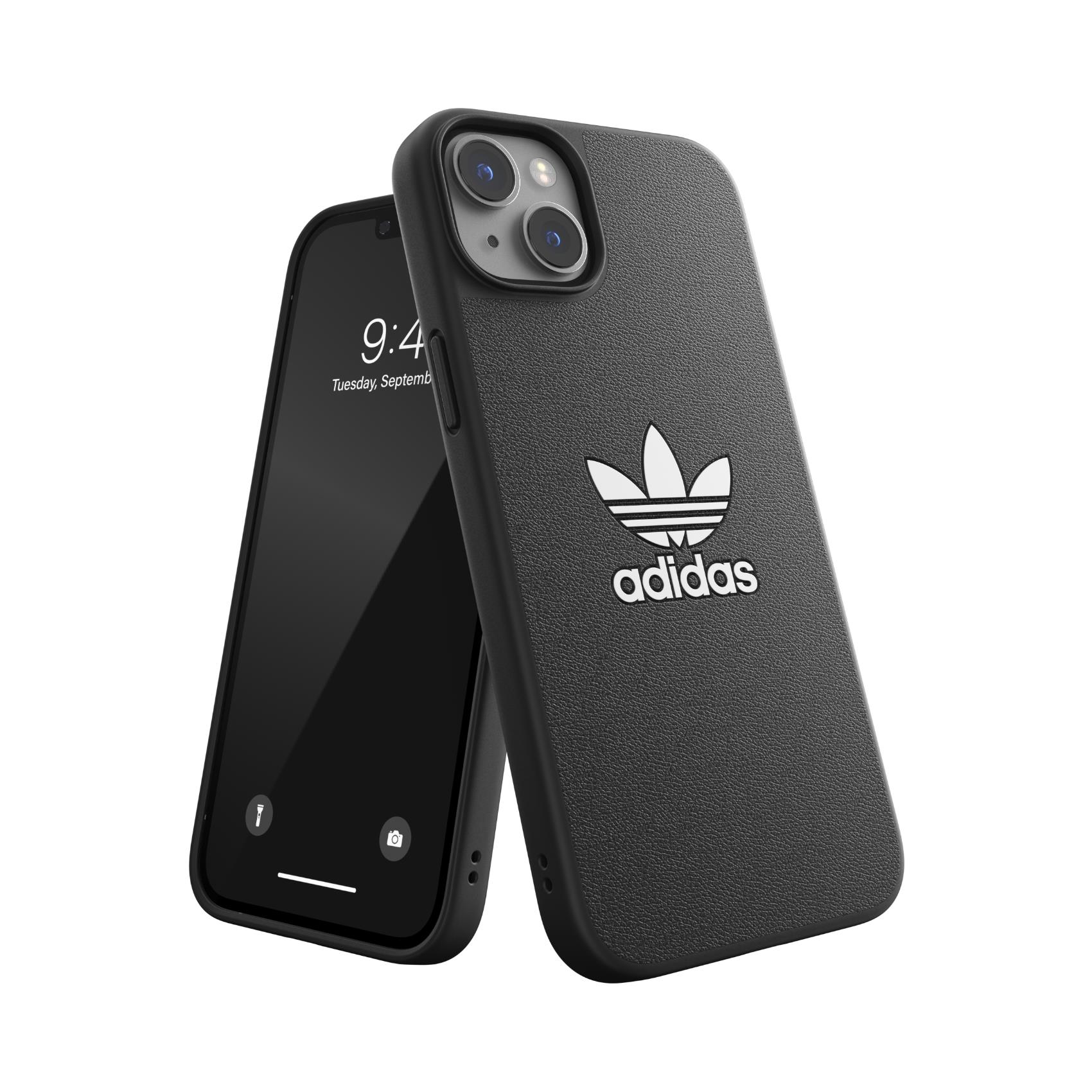 Custodia Adidas nera su sfondo bianco con iPhone. Logo Adidas visibile.