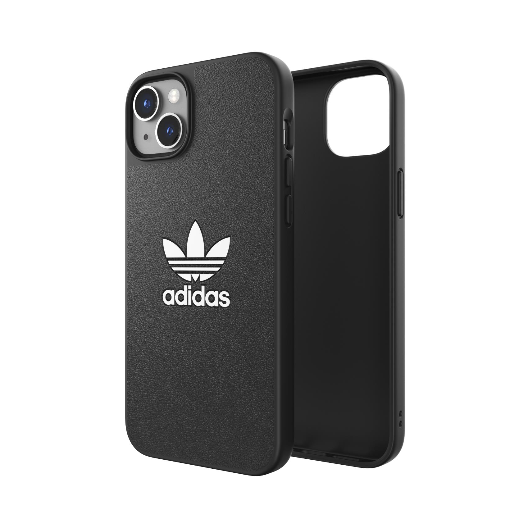 Custodia nera per iPhone con logo Adidas bianco. La custodia ha il telefono visibile all'interno.