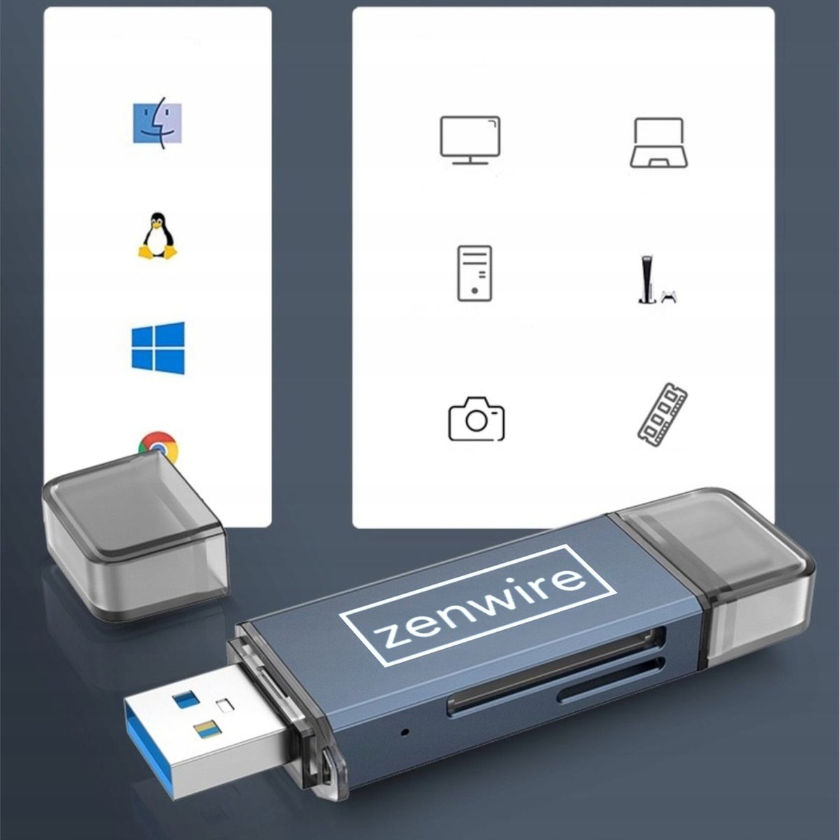Niebiesko-szary pendrive z ikonami urządzeń i logo okna Chrome. Białe tło.