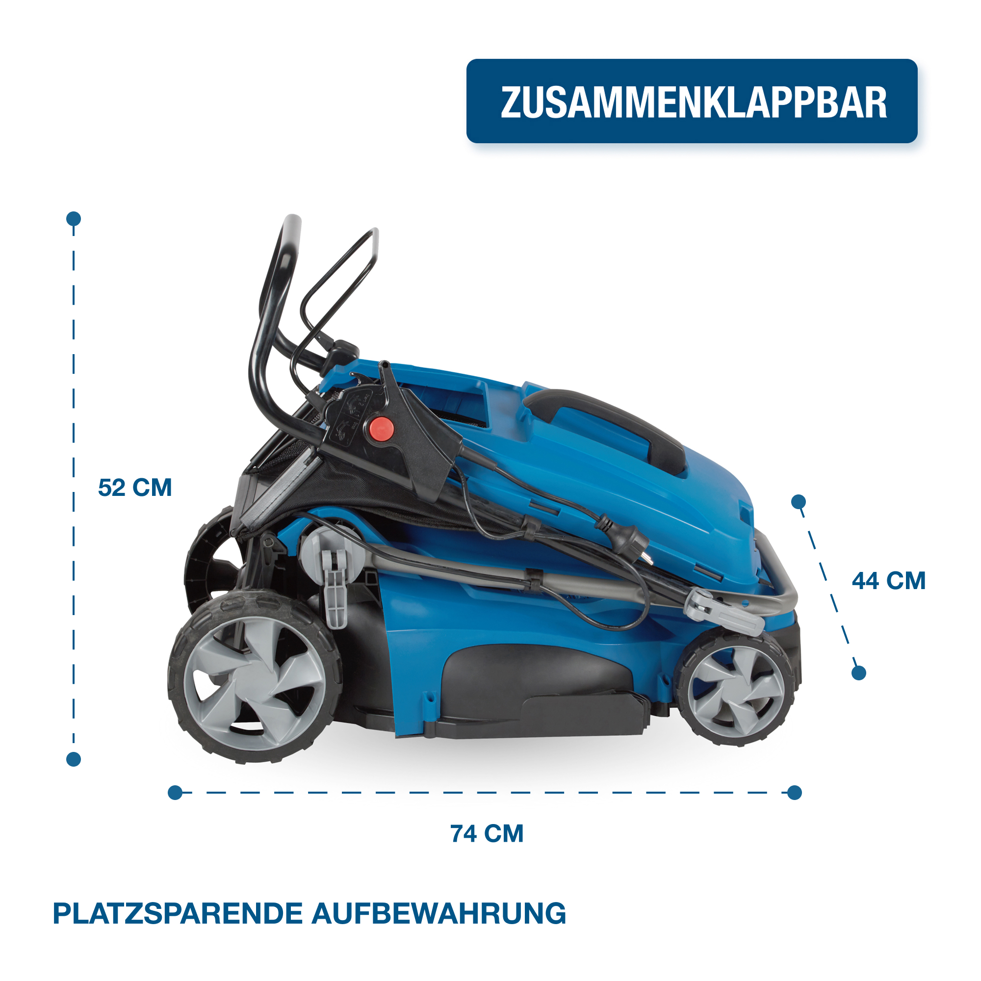 Blauer Rasenmäher zusammengeklappt zur Lagerung. Abmessungen sind auf dem Bild angegeben.