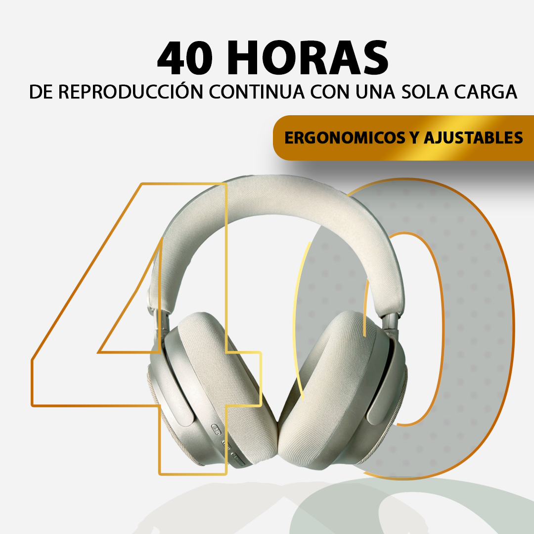 Auriculares blancos y dorados con texto sobre 40 horas de reproducción continua. El diseño es elegante.