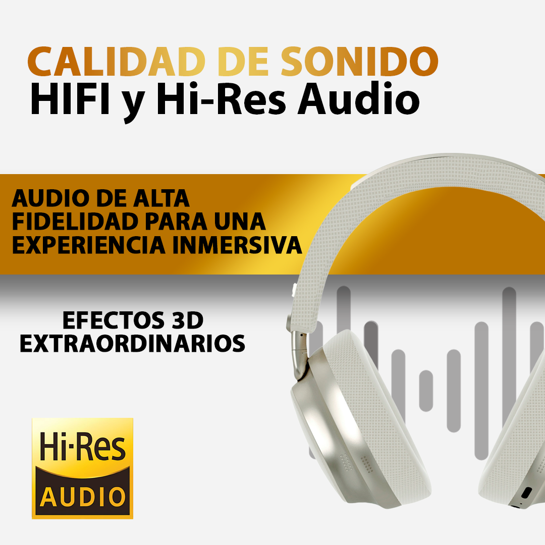 Auriculares blancos y dorados con texto sobre calidad de audio de alta fidelidad. El diseño es elegante y moderno.