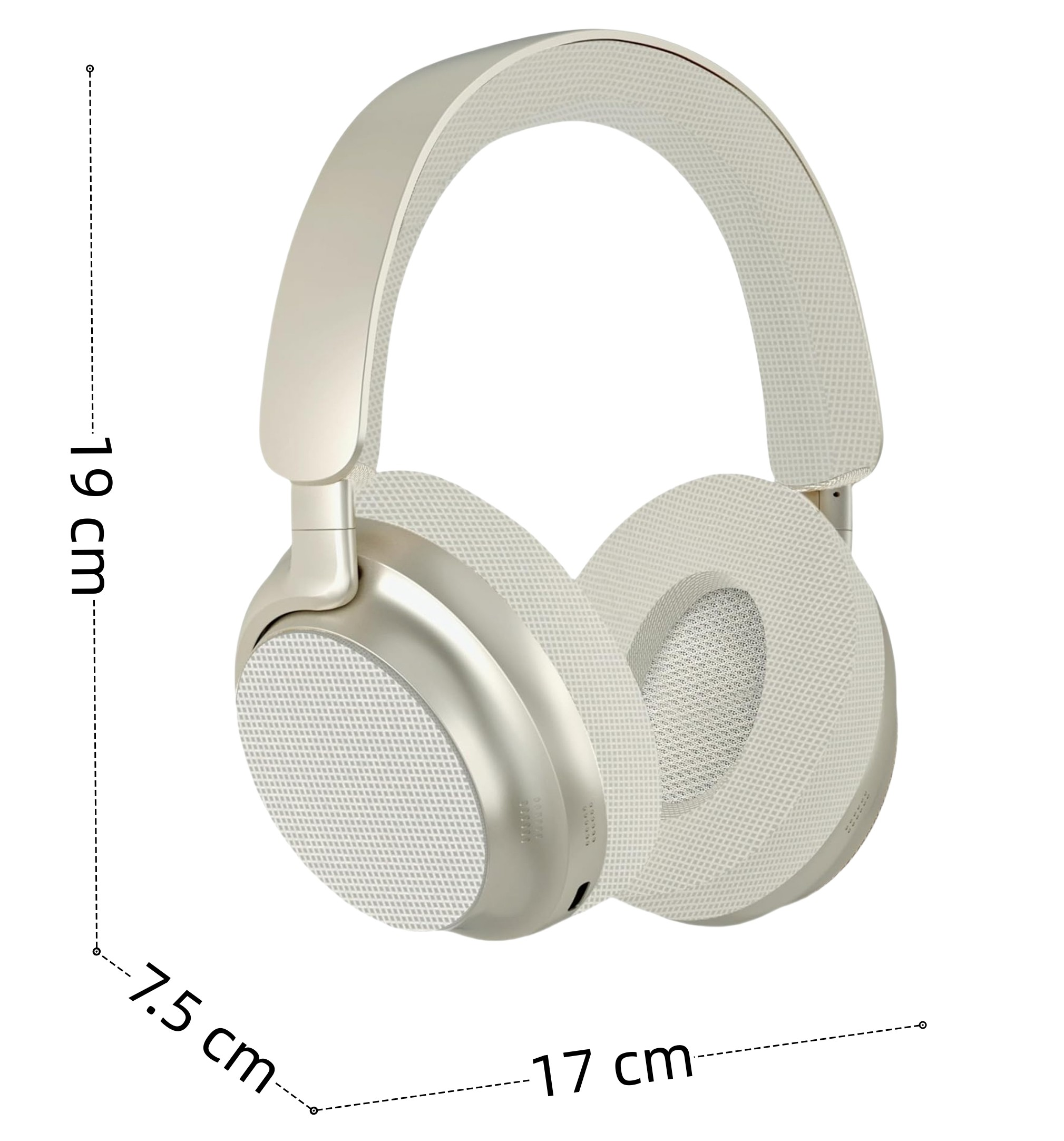 Auriculares dorados sobre fondo blanco. Dimensiones: 19cm x 17cm x 7,5cm.