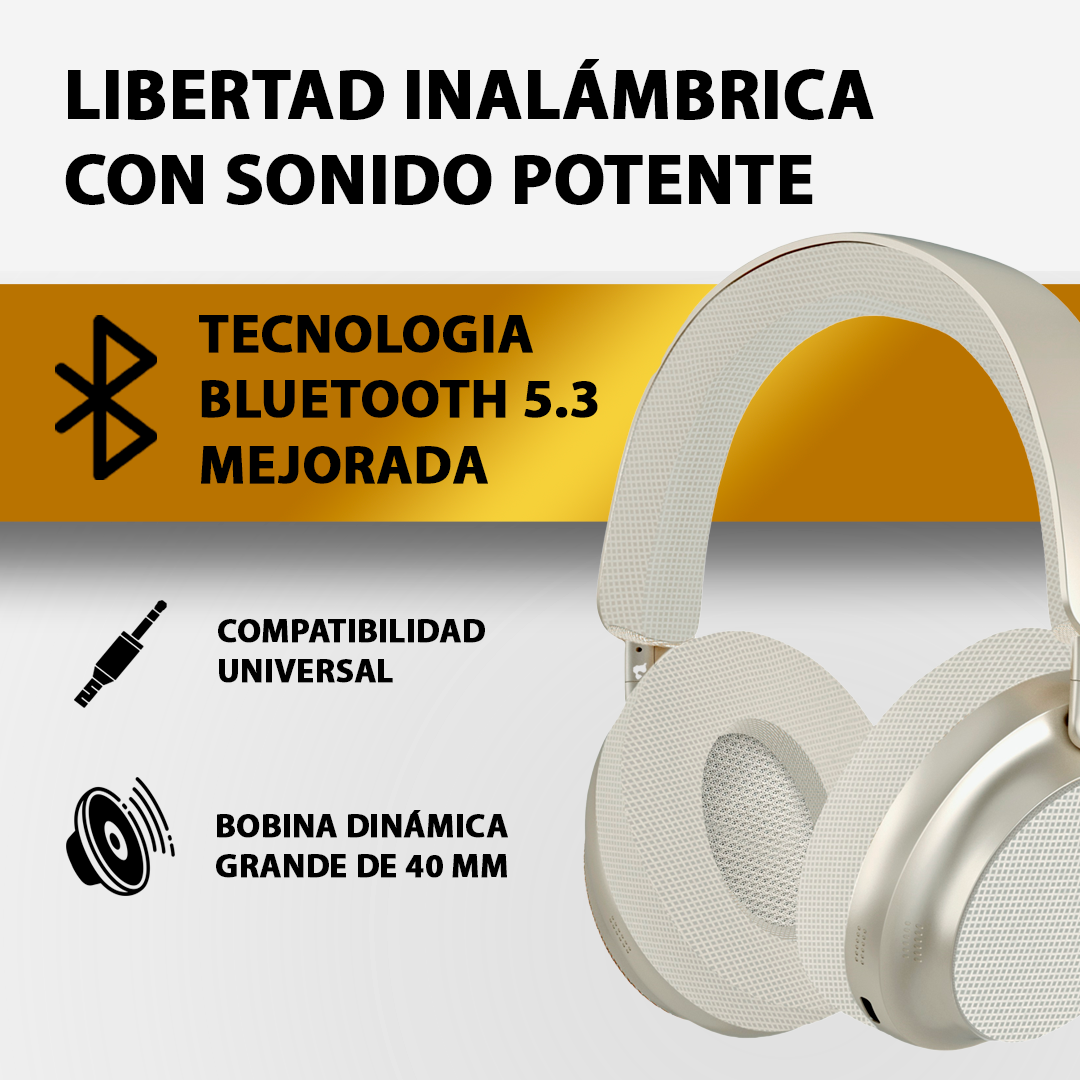 Auriculares blancos y dorados sobre fondo blanco, con texto e iconos de Bluetooth 5.3.