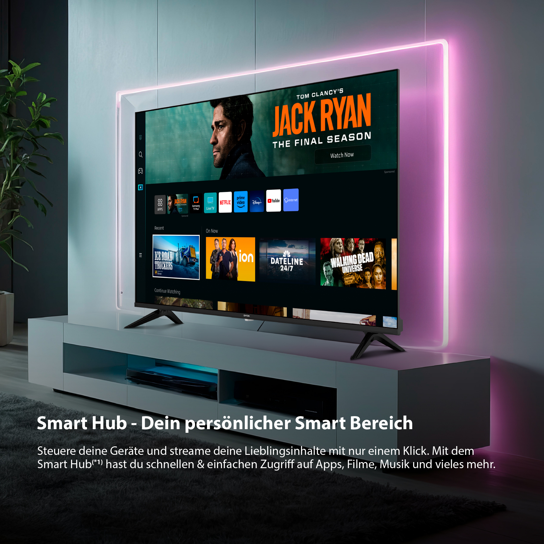 Duży telewizor wyświetla film. Telewizor stoi na białej szafce z fioletową neonową ramką.