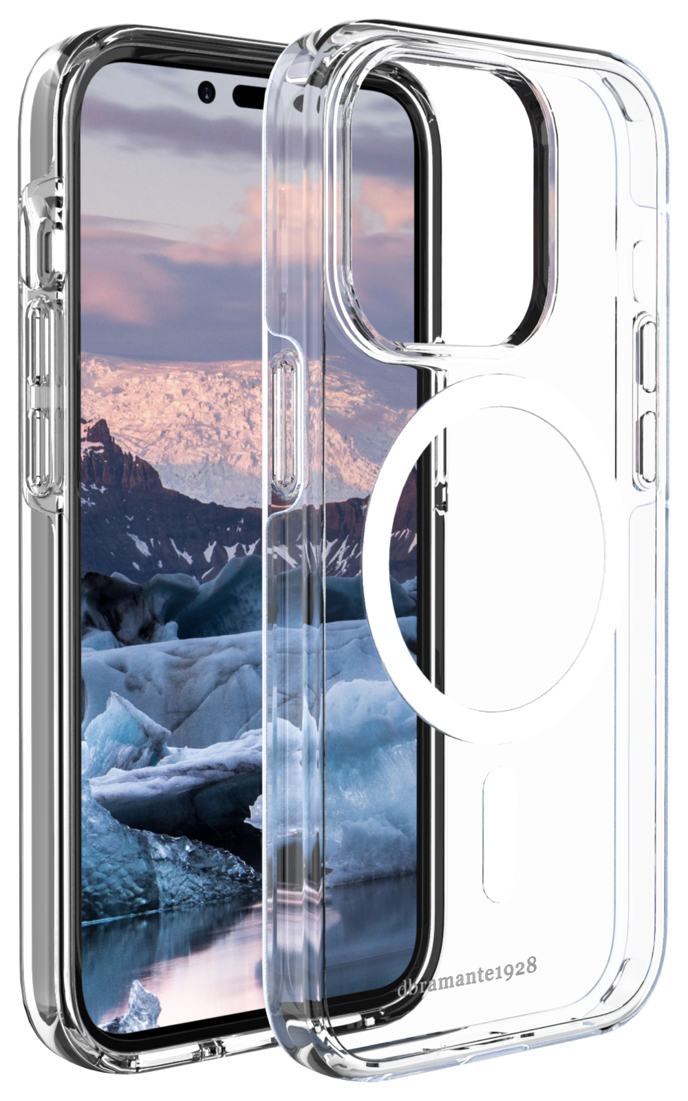 Custodia trasparente su un telefono, che mostra un paesaggio con iceberg e montagne.