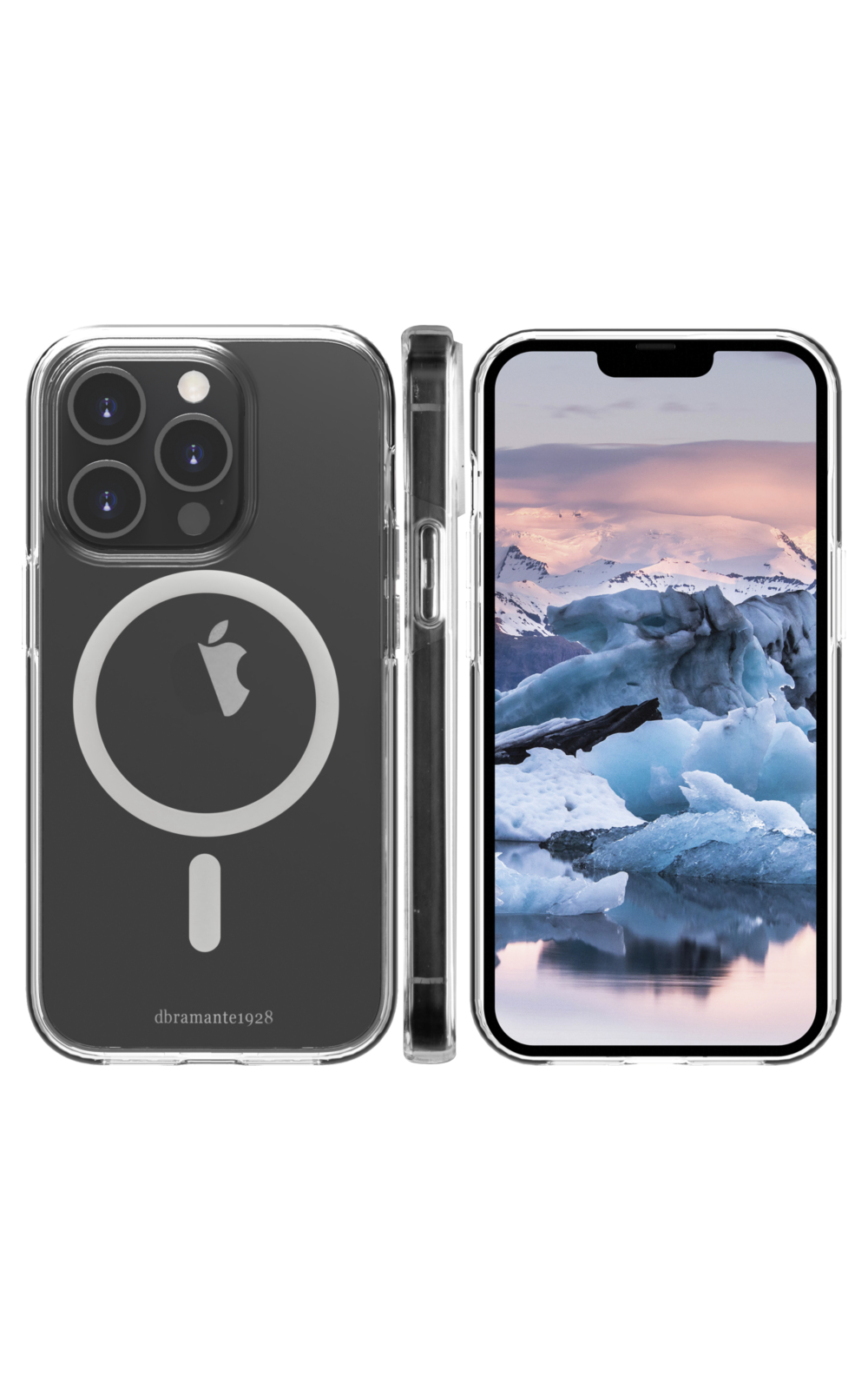 Custodia trasparente con telefono all'interno, che mostra un paesaggio con iceberg e montagne.