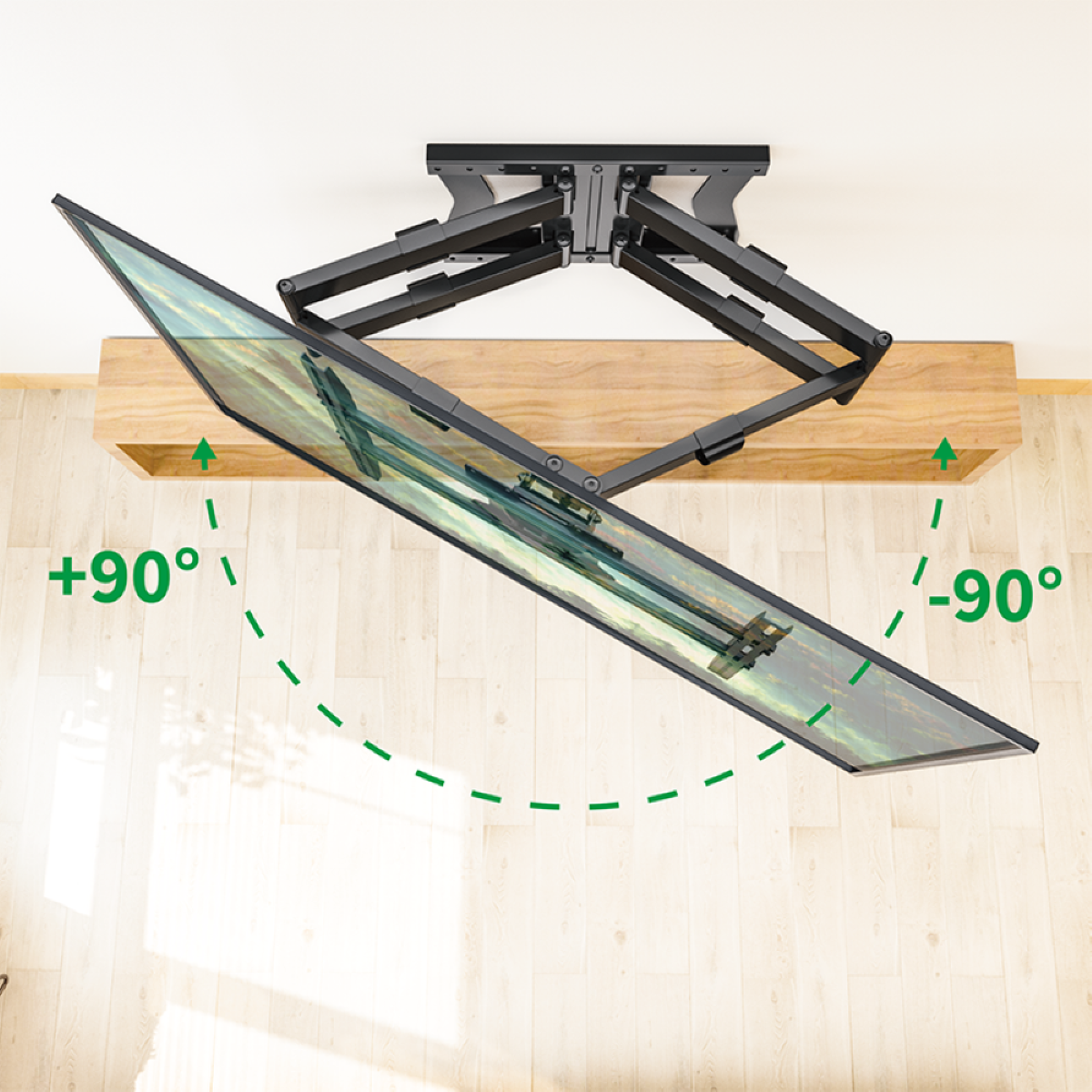 Tv aan plafond, naar beneden gekanteld. Groene pijlen tonen 90 graden rotatie. Houten plank eronder.