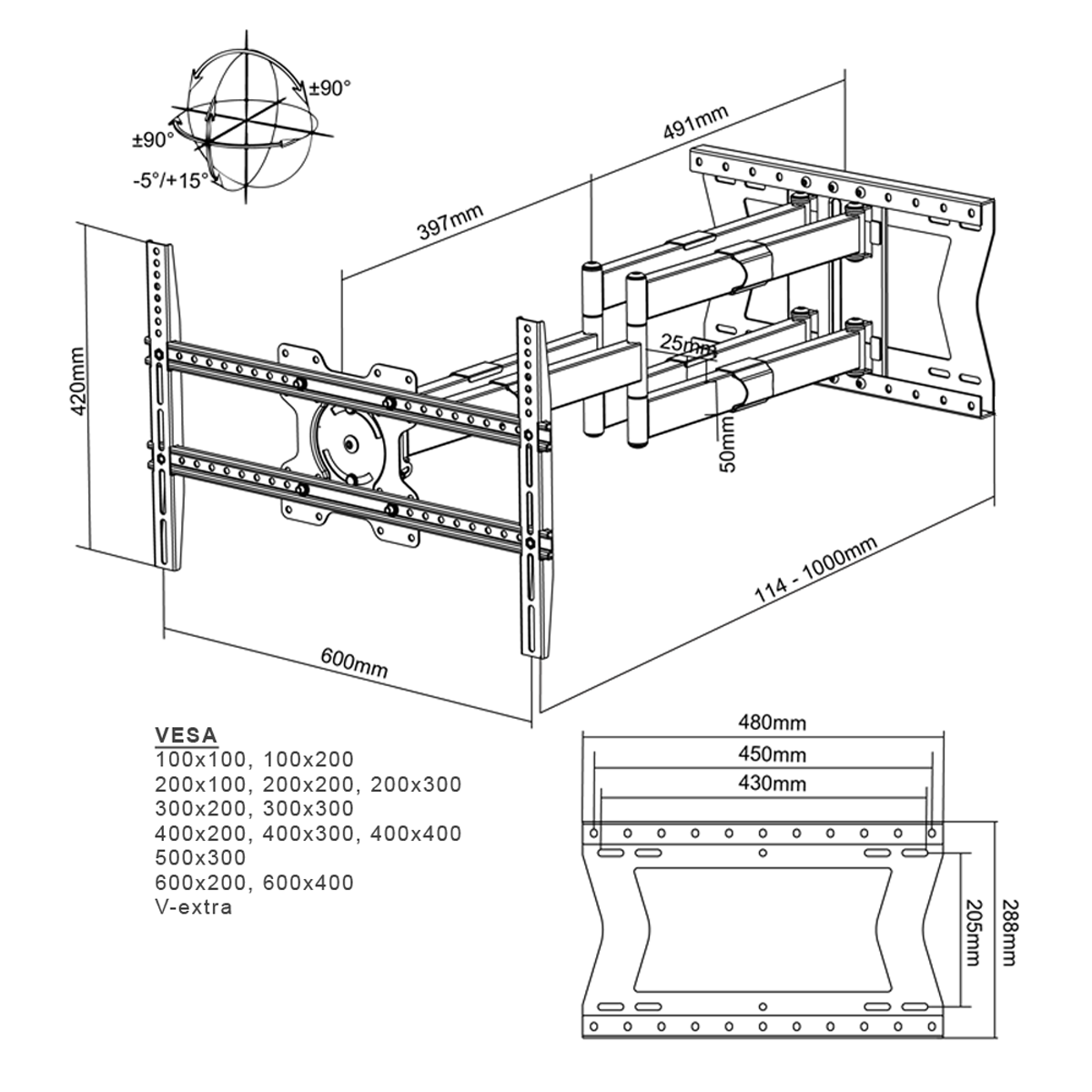 Diagram van een tv-muurbeugel. Toont afmetingen, hoeken en VESA-compatibiliteitsinformatie. Zwart-wit grafiek.