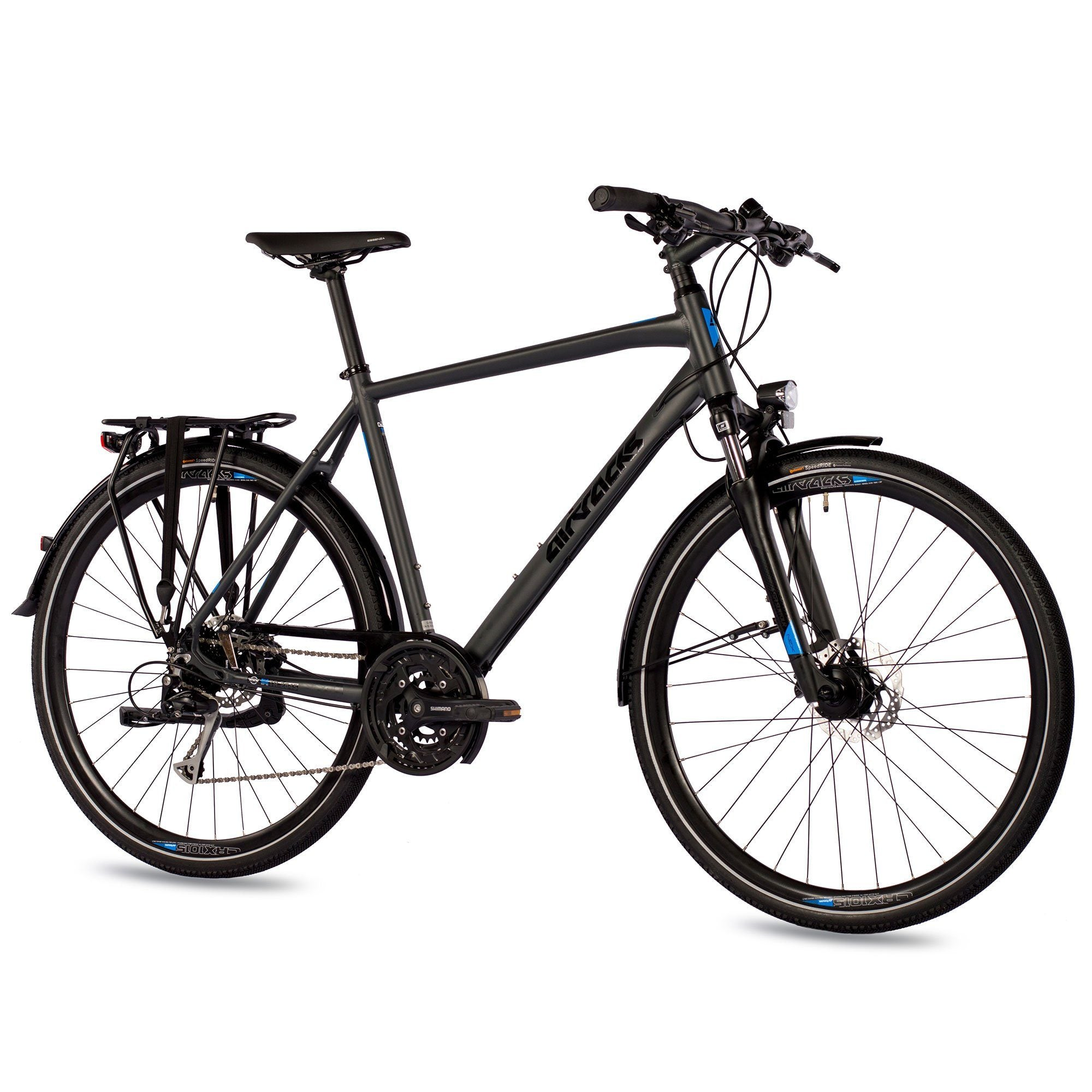 Schwarzes Hybrid-Fahrrad vor weißem Hintergrund. Es hat schwarze Reifen, blaue Akzente und einen Gepäckträger.