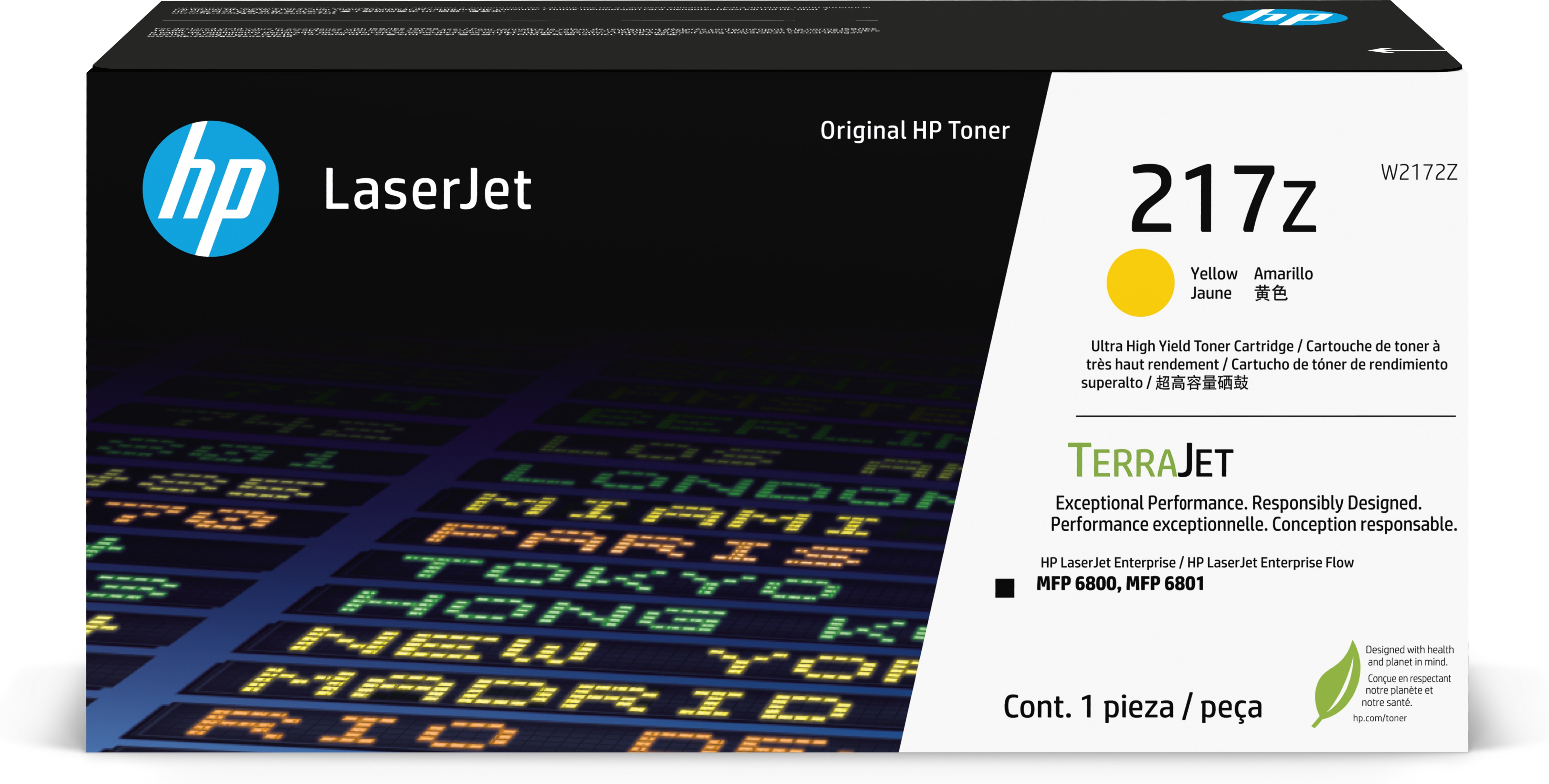 Pudełko z tonerem HP LaserJet 217z z tekstem i grafiką. Żółty wkład z tonerem.