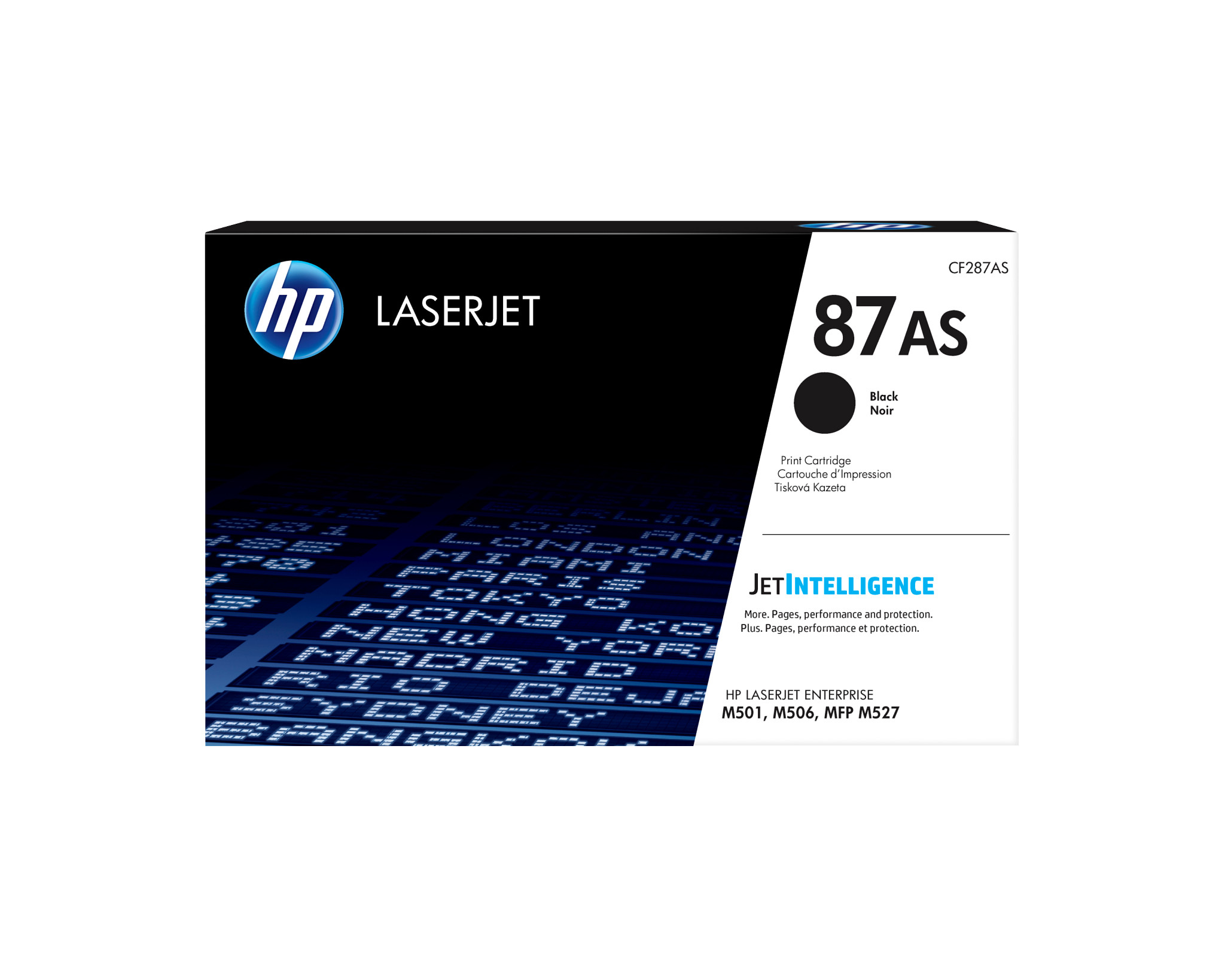Cartuccia toner HP LaserJet 87AS nera. Inchiostro nero. Testo: HP LASERJET, 87AS, JetIntelligence. Scatola in bianco e nero.