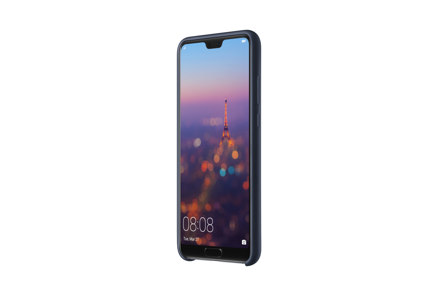Telefono blu con schermo che mostra la Torre Eiffel al tramonto, sfondo bianco.