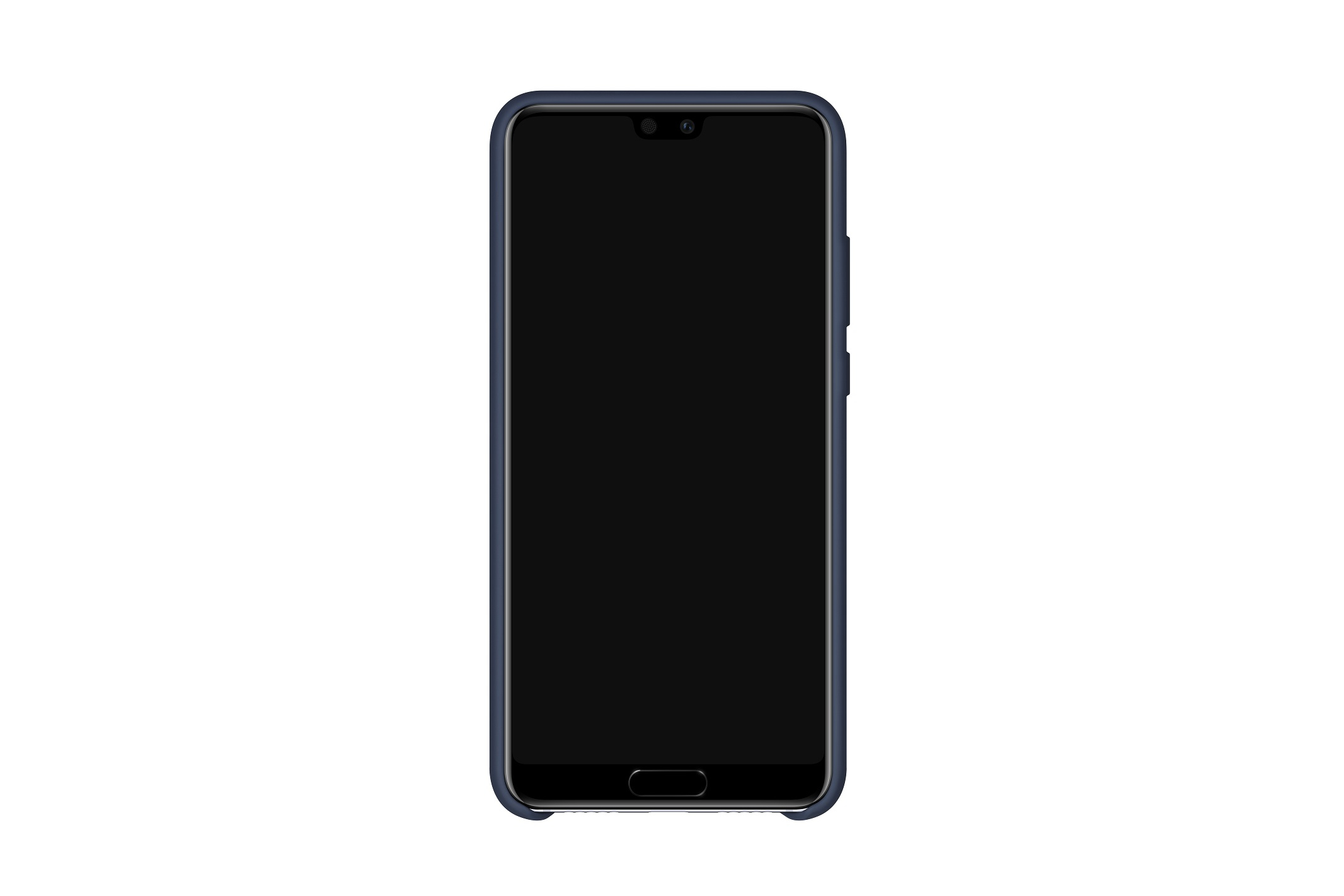 Uno smartphone con custodia blu su sfondo bianco. Lo schermo è nero e il telefono è in posizione verticale.