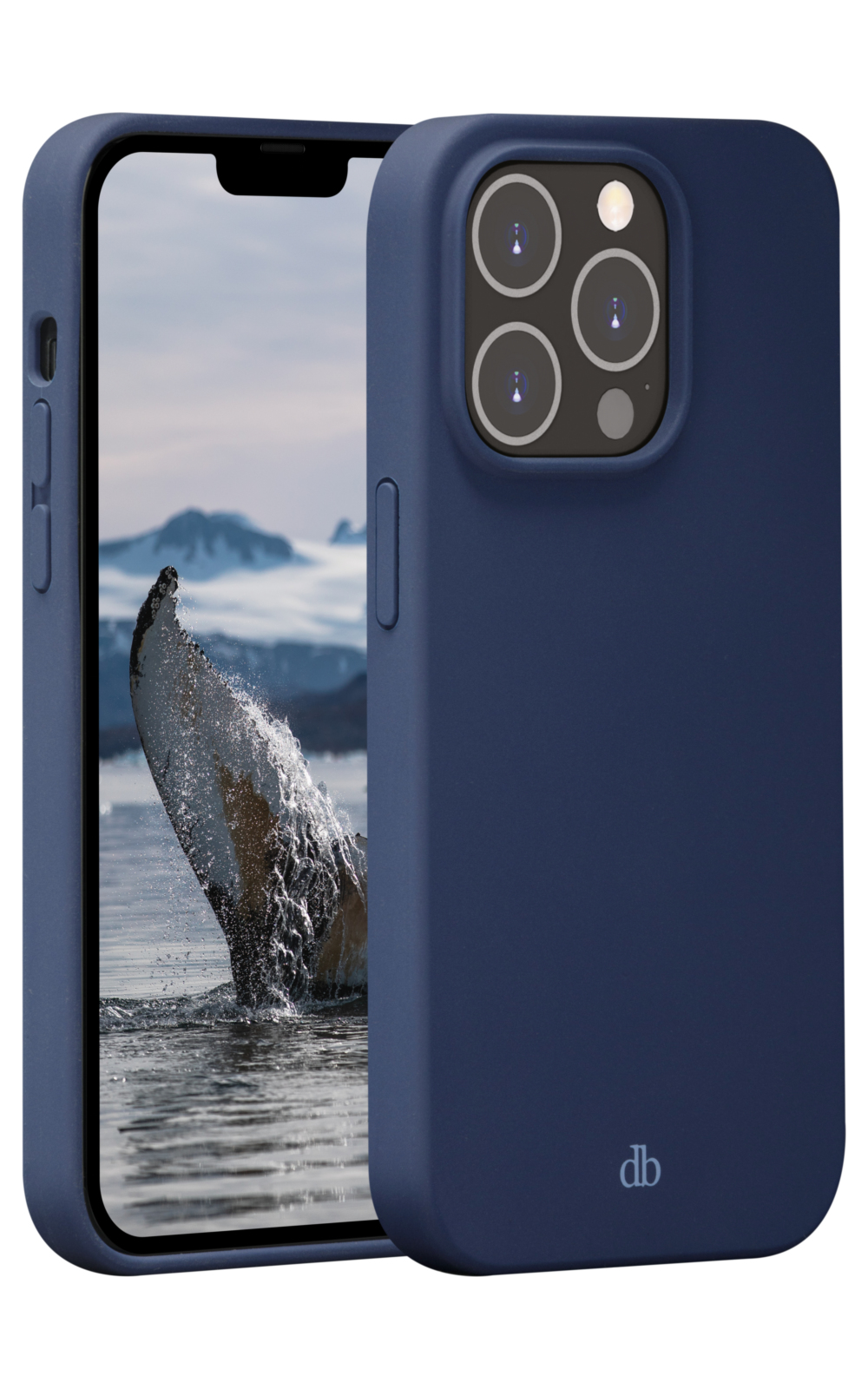Custodia blu navy con coda di balena nell'acqua.