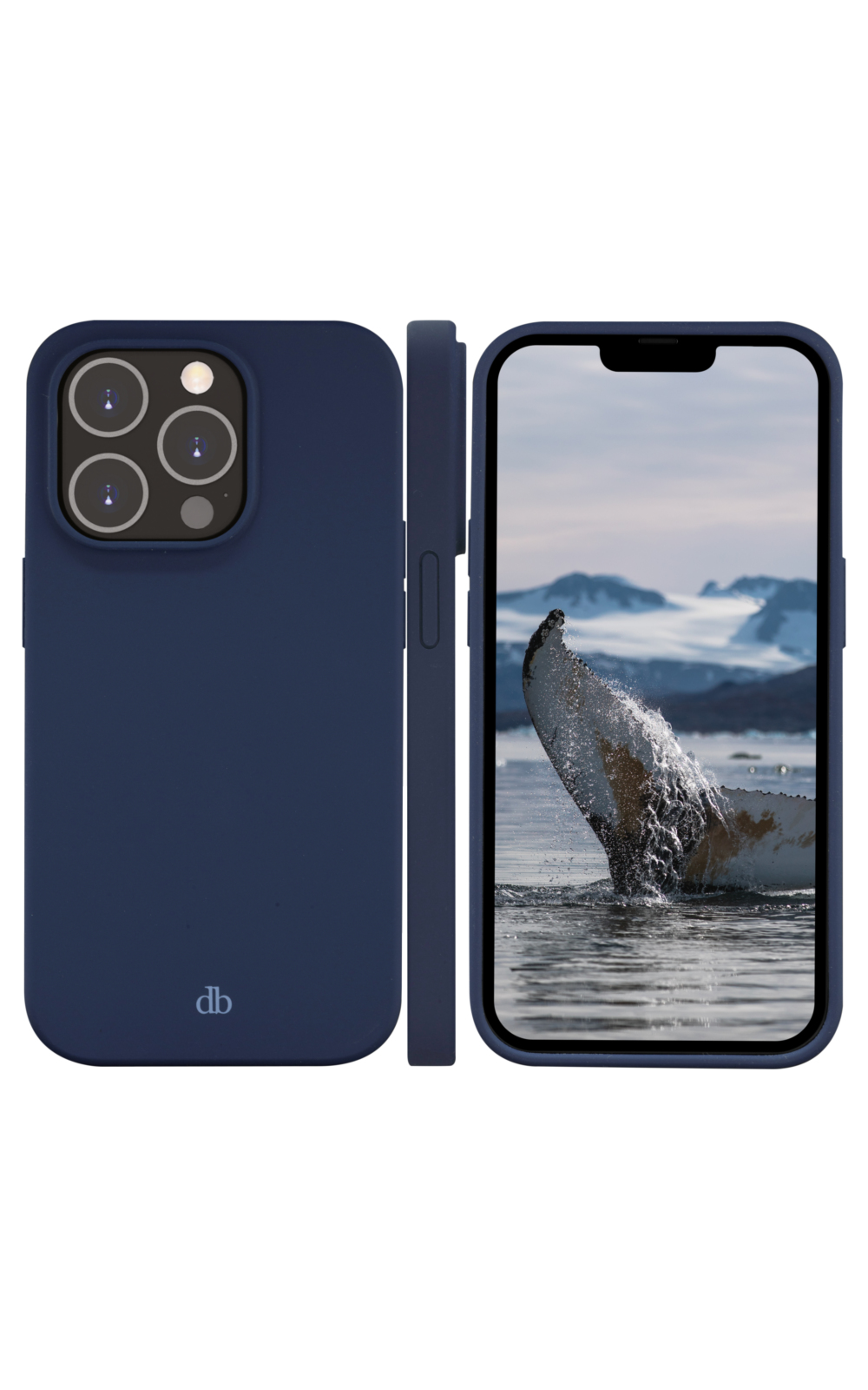 Telefono con custodia blu navy, mostra la coda di balena nell'acqua.