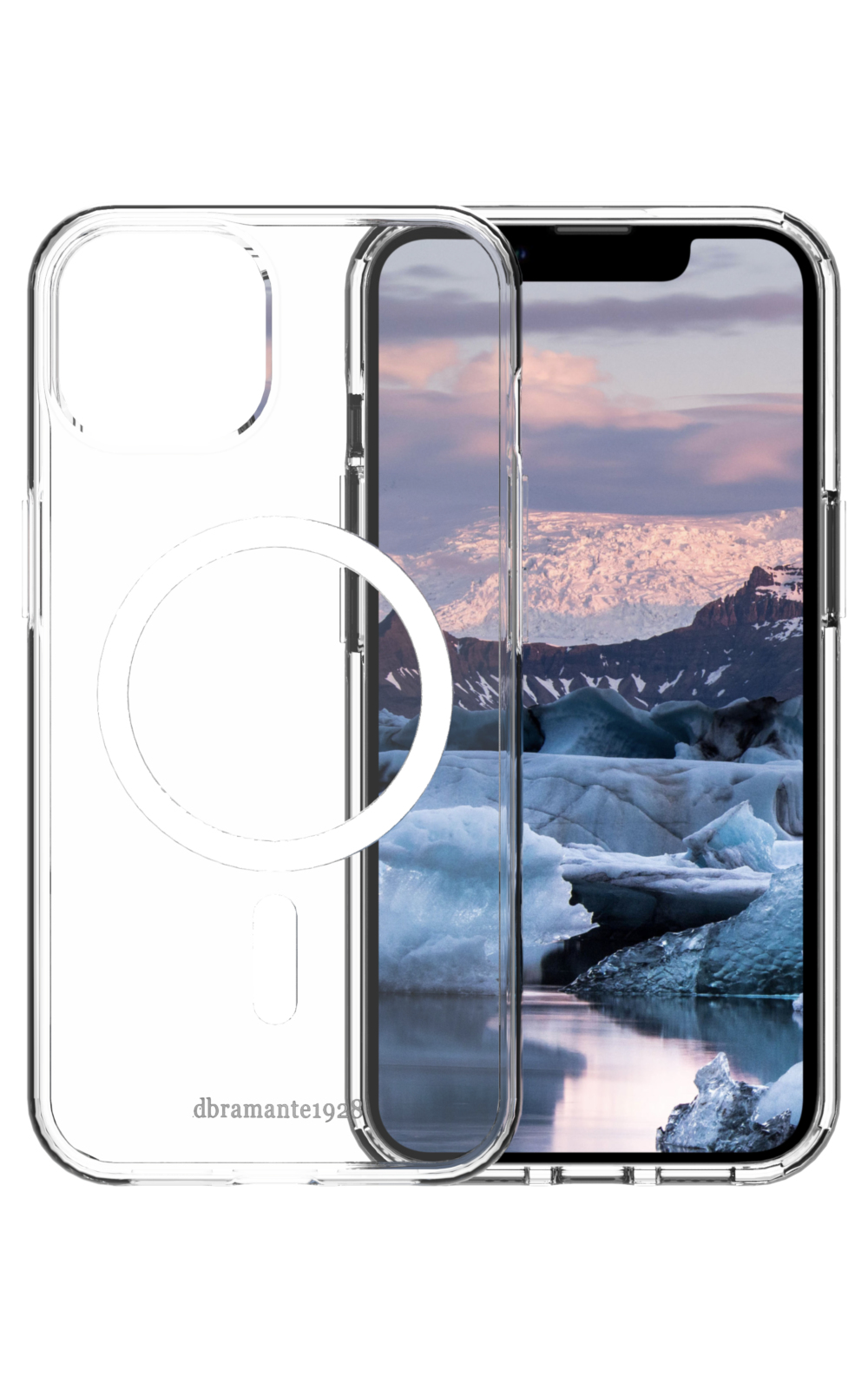 Custodia trasparente con telefono dentro, mostra paesaggio con iceberg.