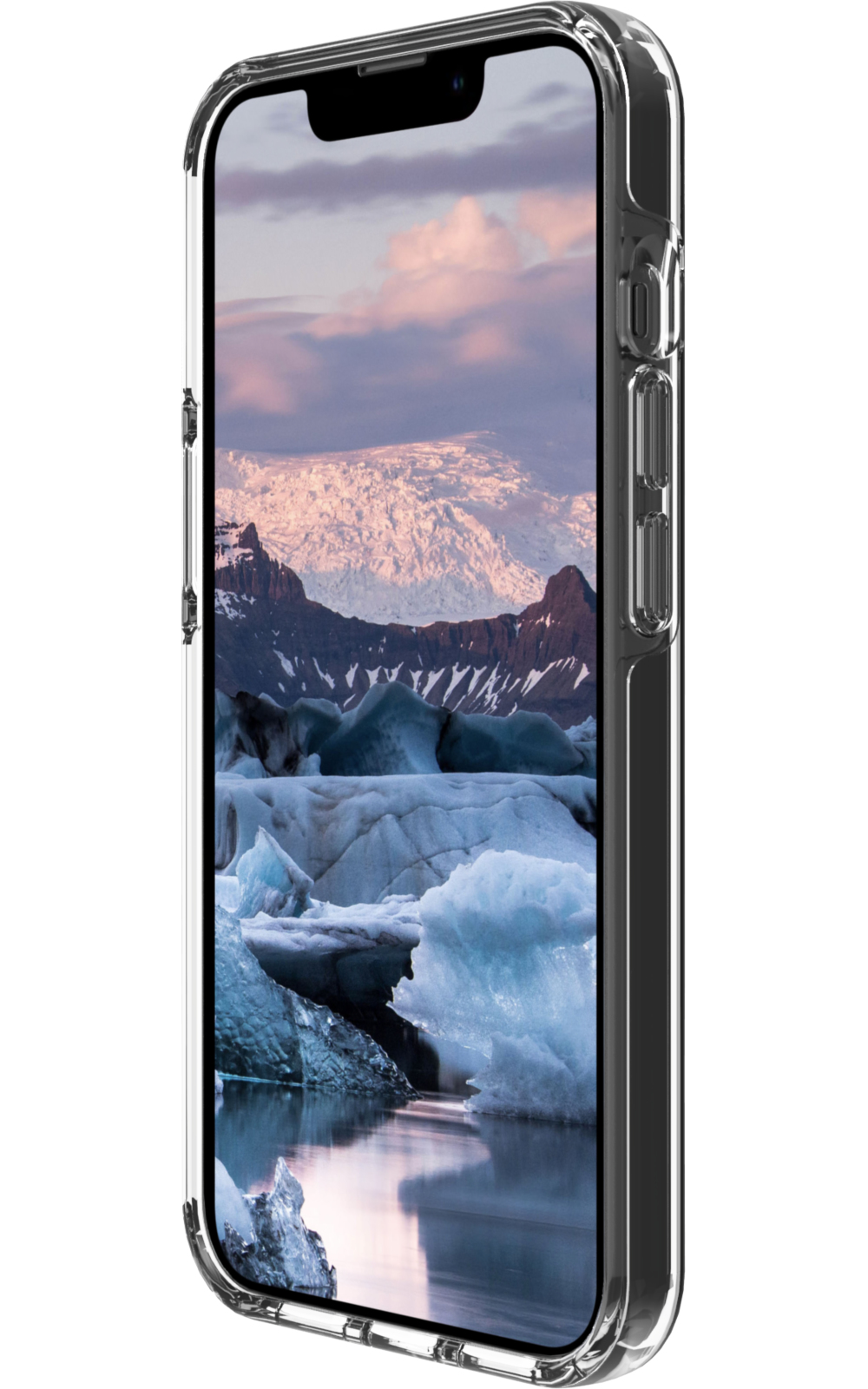 Smartphone in custodia trasparente, mostra paesaggio con iceberg e montagne.