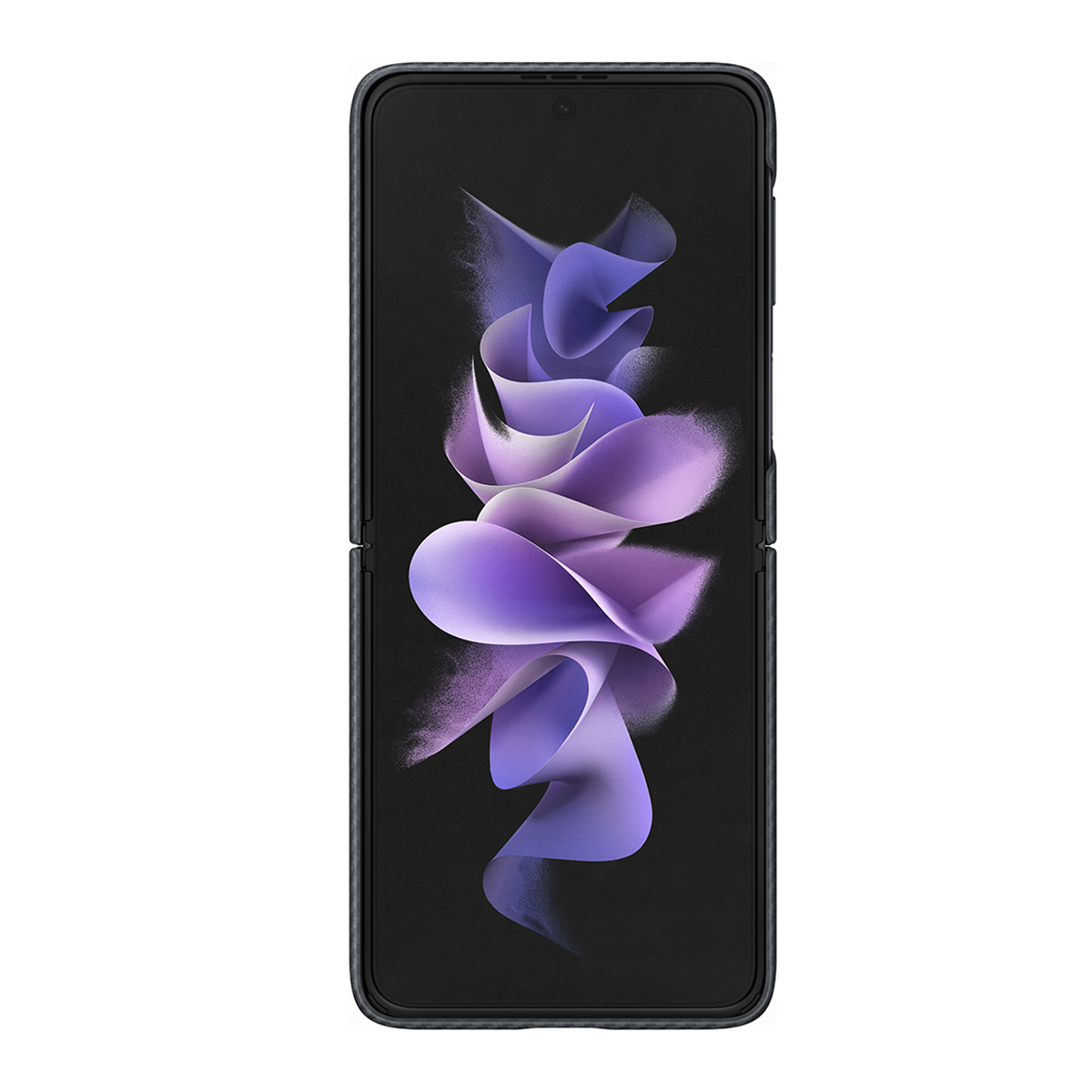 Telefono pieghevole con design a vortice viola su schermo nero.