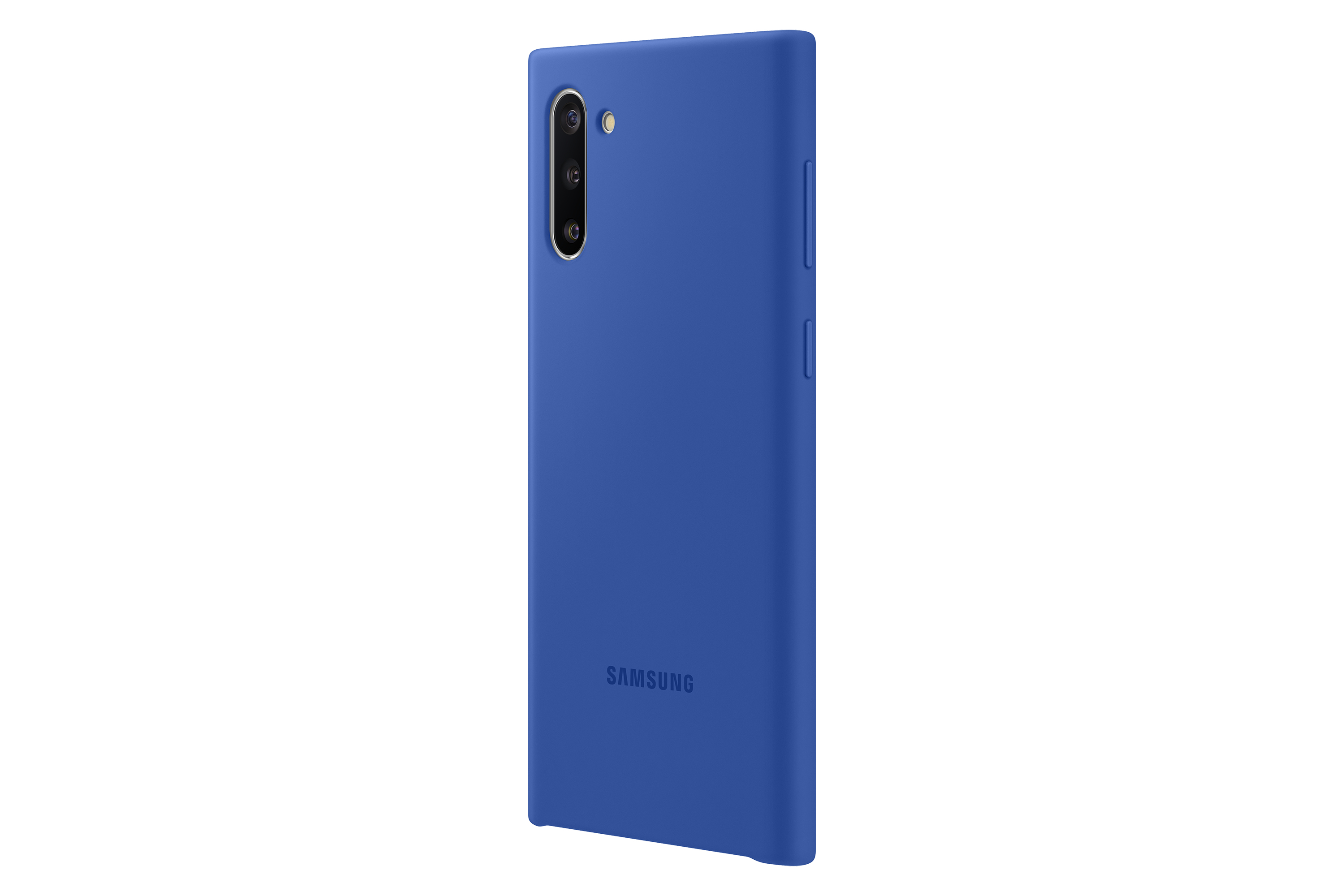 Funda azul para teléfono con el logo de Samsung. Vista lateral con botones.