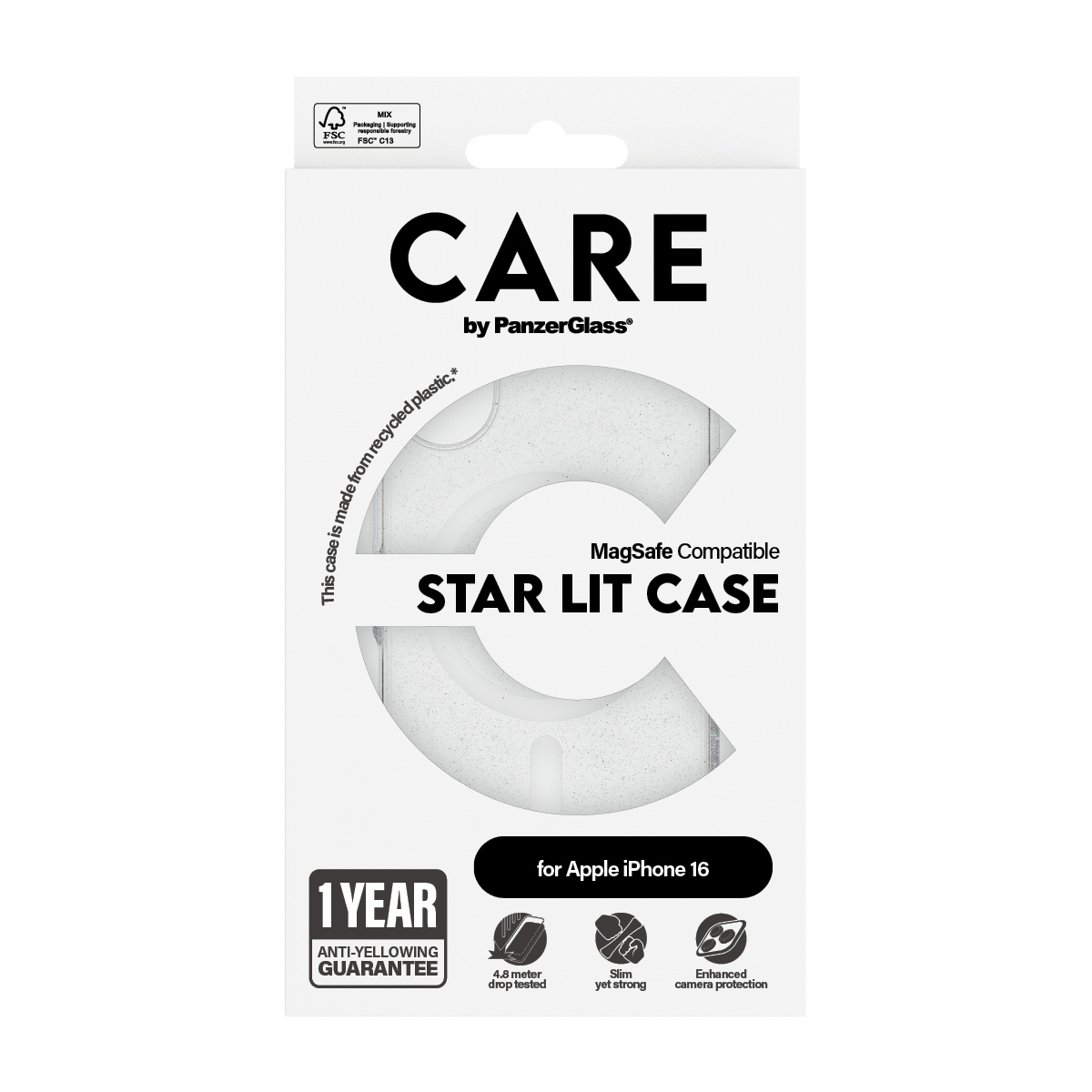 Confezione di custodia bianca per telefono. Testo: CARE by PanzerGlass, Star Lit Case, per iPhone 16.